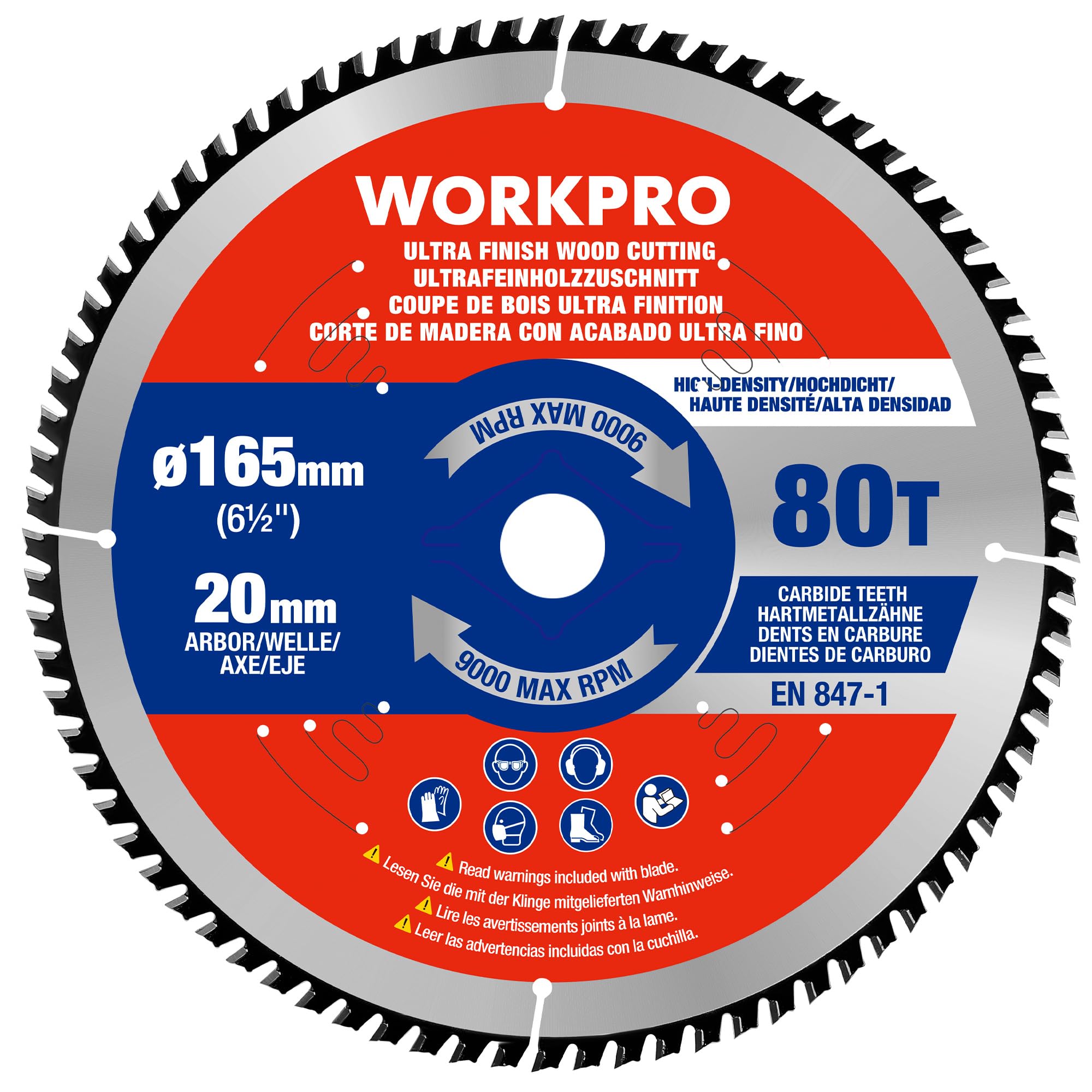 WORKPRO Sierra Circular 165 x 20 mm 80 dientes, TCT Disco de Corte para Madera, Madera Contrachapada, MDF, Paneles de Yeso, Laminado, Plástico
