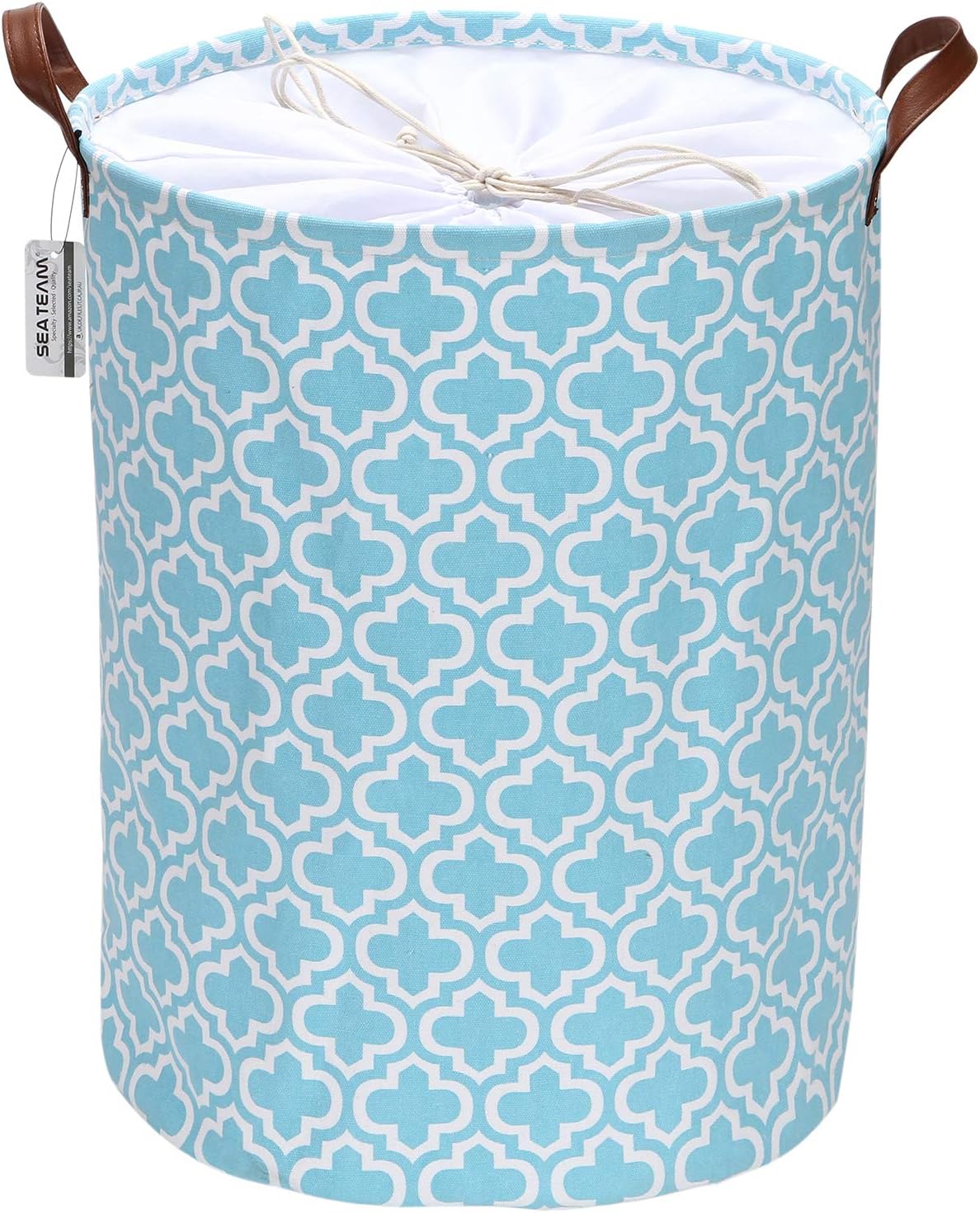 Sea Team Laundry Hamper Canvas Fabric Laundry Basket Collapsible Storage Bin with PU Leather Handles and Drawstring Closure (19.7"/Large, Quatrefoil/Aqua)