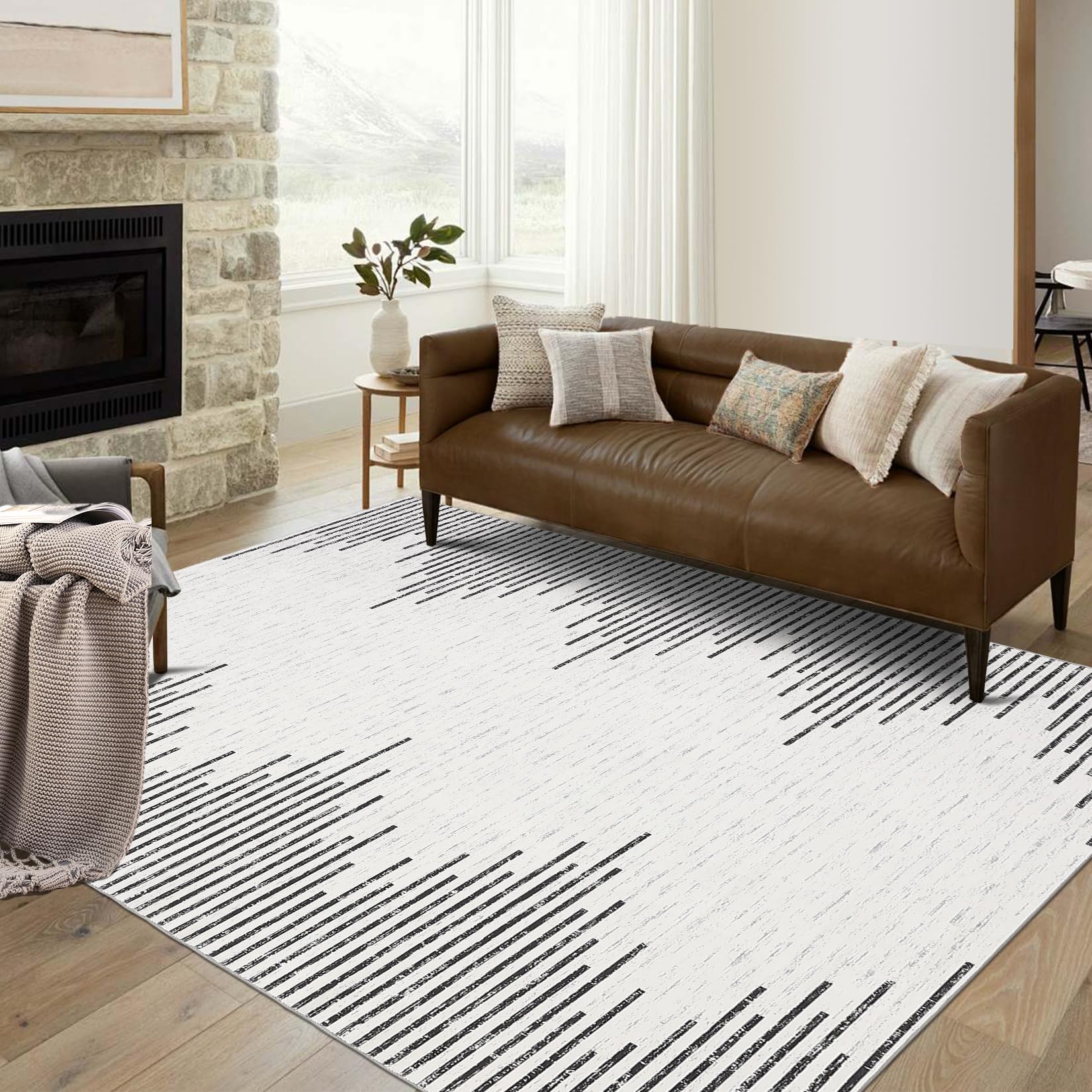 GarveeHome Area Rug Washable Rugs for Living Room Modern Minimalistic Striped Area Rug for Bedroom Contemporary Distressed Geometric Office Carpet Low