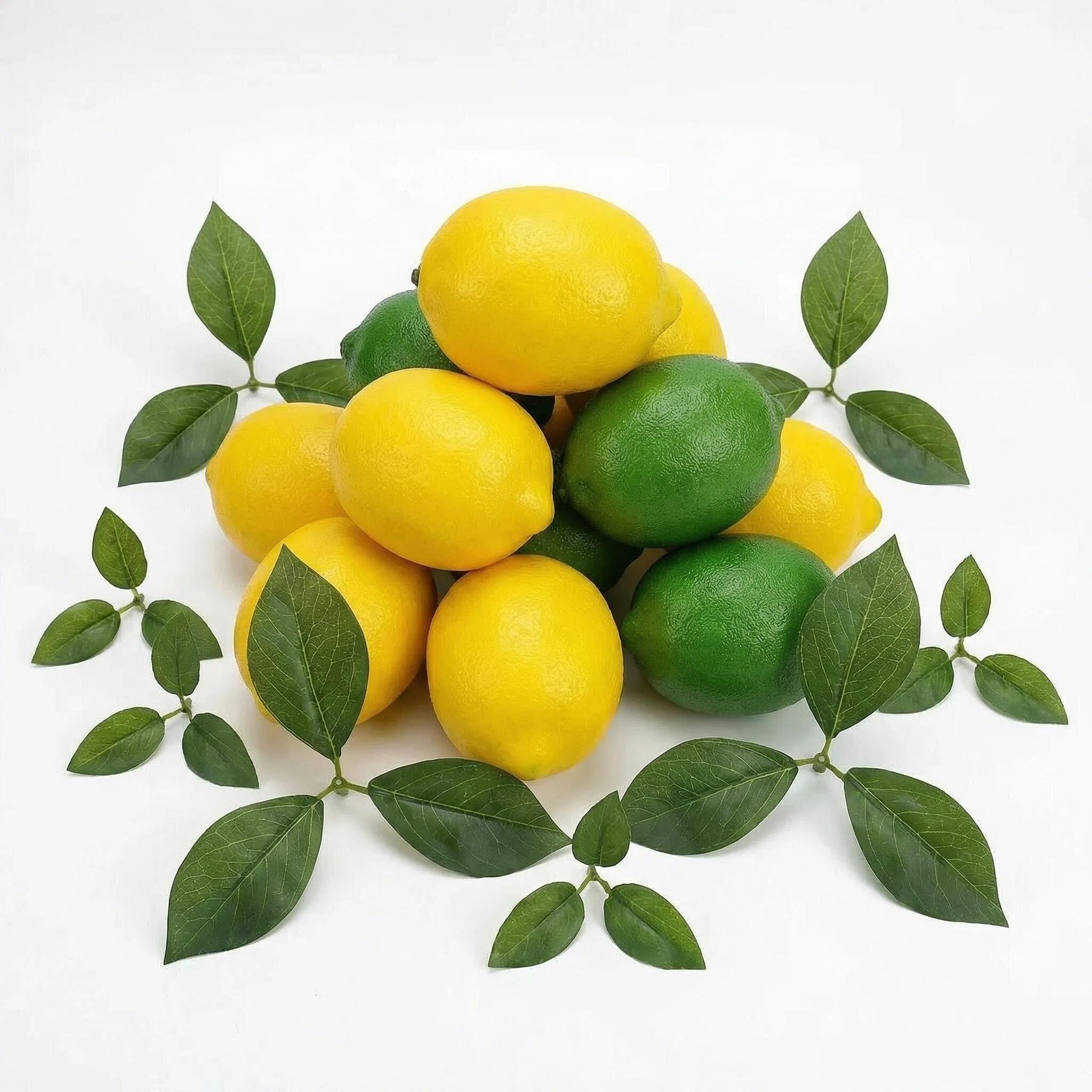10Pcs Artificial Lemons with Leaves Lifelike Simulation Lemons Realistic Fake Fruit Yellow Lemon Decor for Home Kitchen Party Summer Fruit Bowl Vase Filler Photography Props Table Centerpiece (A)