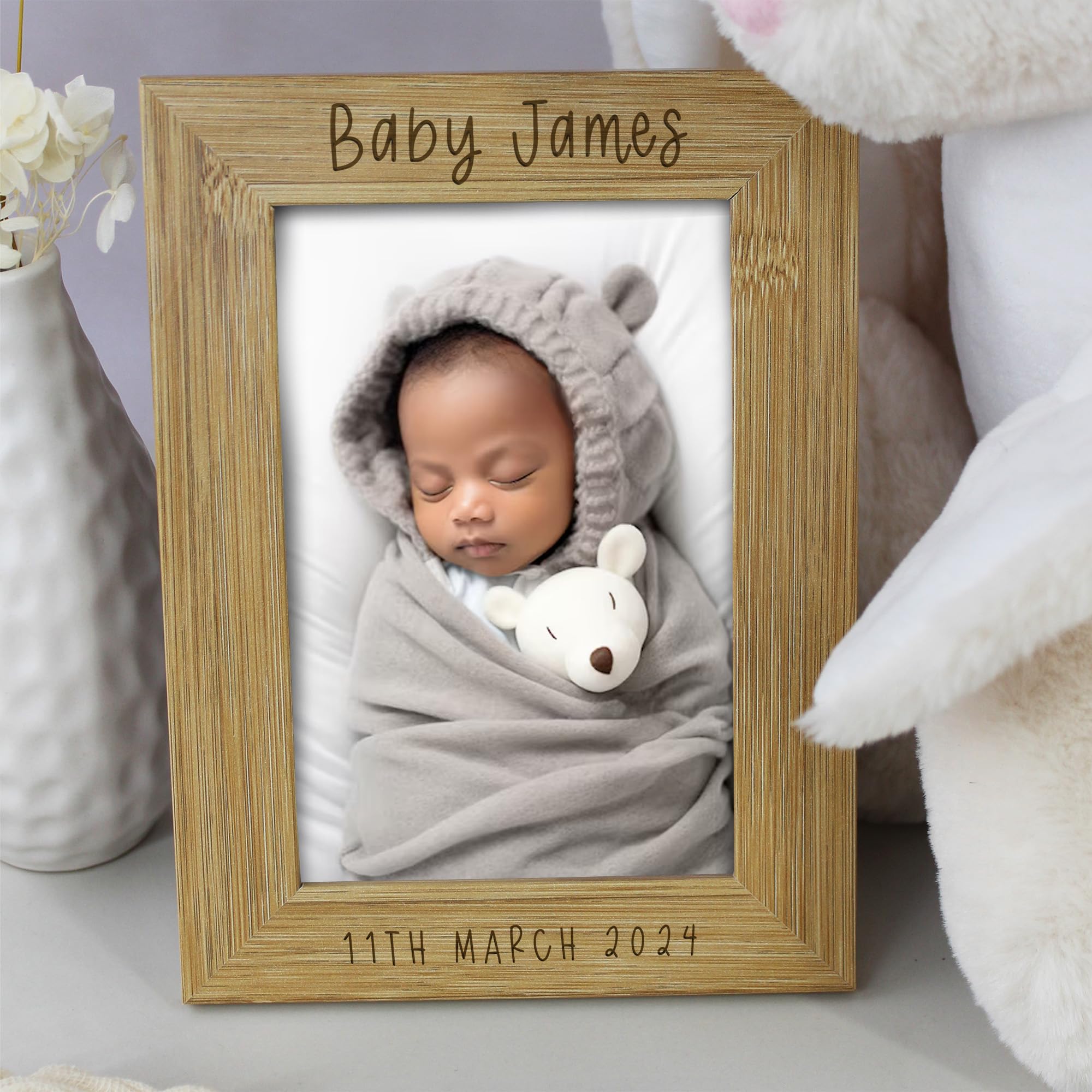 eBuyGB New Baby Picture Frame, Wooden Personalised Baby Photo Frame, Custom Engraved Baby Name, Baby Arrival Date, Newborn Keepsake Gift, 4x6