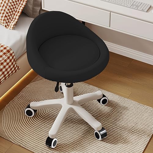 Taburete con ruedas – Asiento giratorio ergonómico, altura ajustable, ruedas ultra silenciosas, cojín acolchado de piel sintética, para salón, Negro