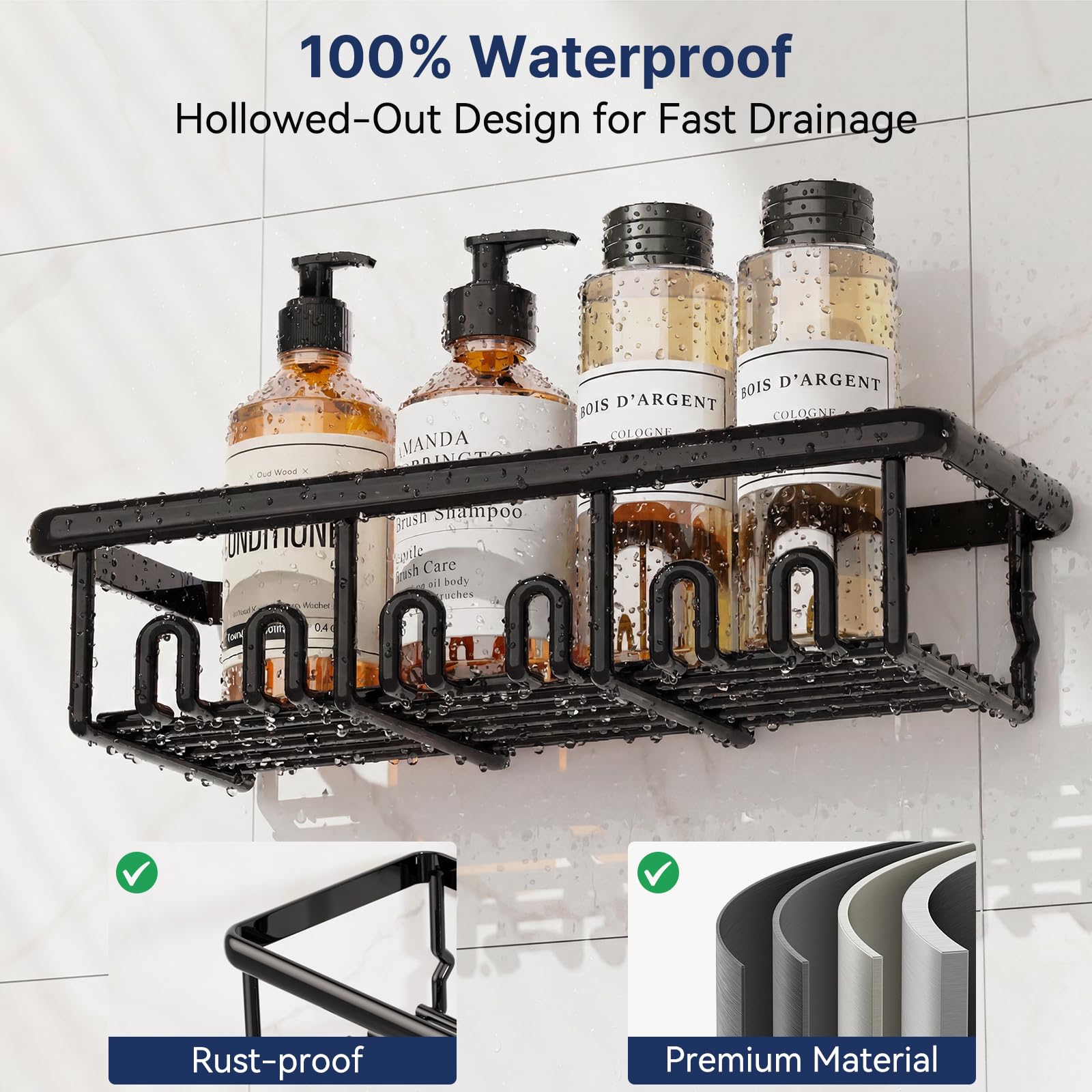 Zeawec 8 Pack Shower Caddy, Adhesive Rustproof Bathroom Organizers and Storage Shelves with Soap Holder & Hooks, Large Capacity No-Drilling Shower Rack for Bathroom, Kitchen Accessories, Black - 3