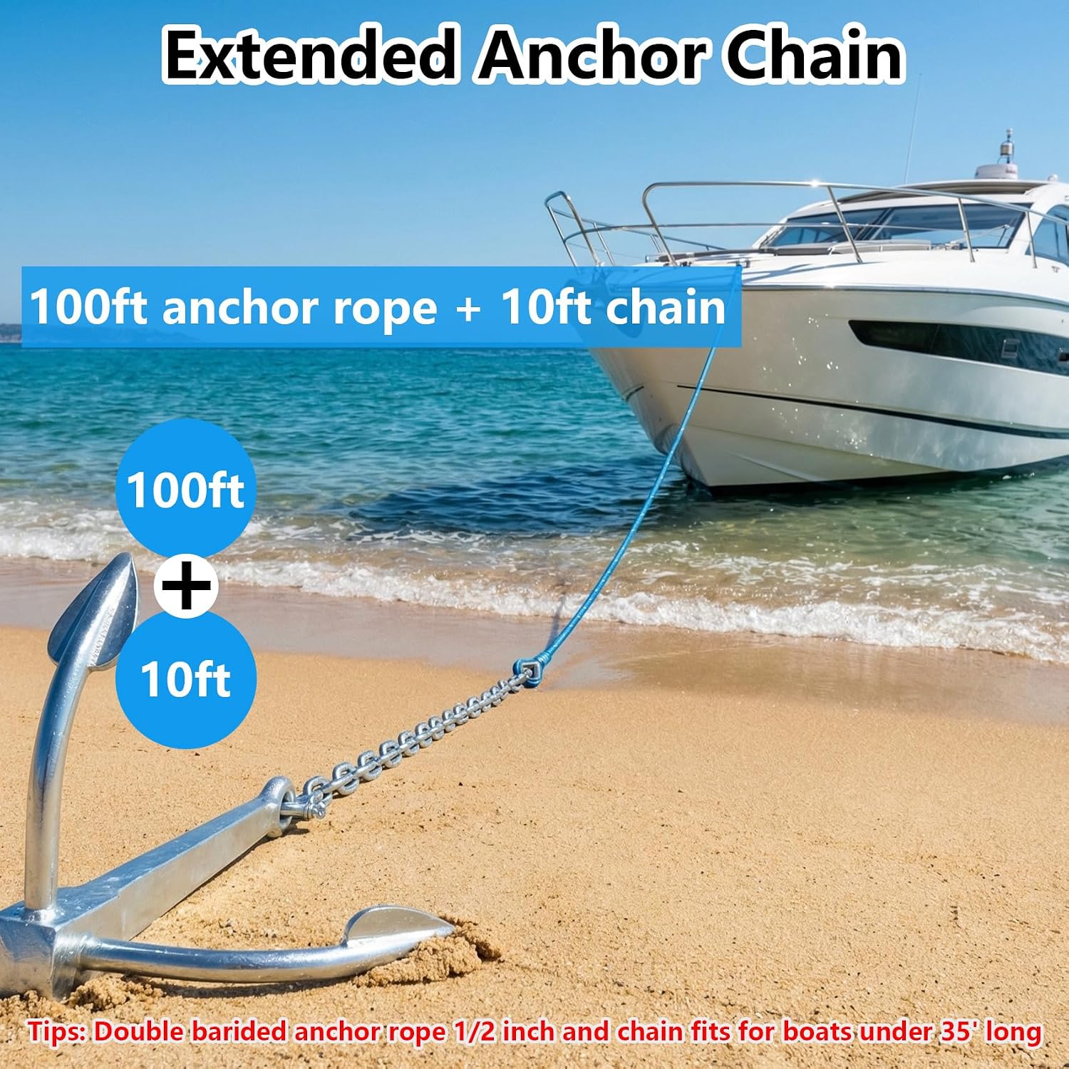 1/2" Anchor Rope 100 FT with 1/4" x 10 FT Galvanized Chain, Double Braided Anchor Line with Thimble & Shackle, Boat Anchor Rope with Reflective Strip for Towing, Mooring, Deck, Boats Up to 35' - Blue