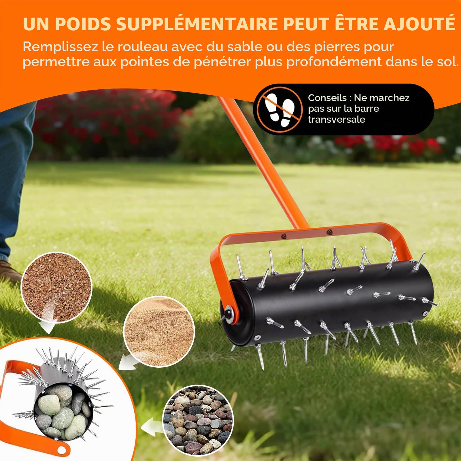 LIROPAU Rouleau Aérateur Gazon, Scarificateur Gazon Manuel, avec 42 Clous de 5 cm et Protection Anti-éclaboussures, Rouleau Aérateur Gazon de Pelouse en Métal pour Pelouse, Jardin, Cour, 120 x 40 cm