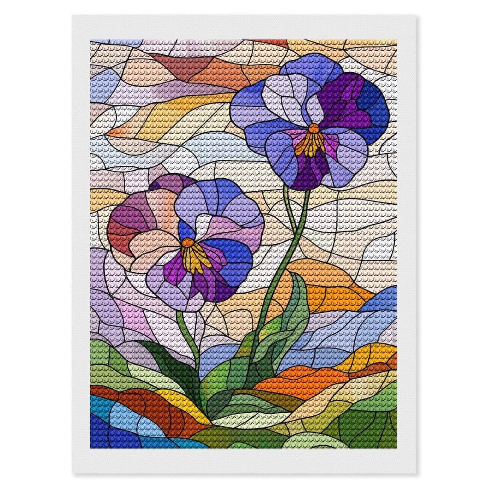 Junmoney Stained Glass Pansies Diamond Art Kit 12"x16", Relaxing DIY Hobby, Satisfying Creative Project, Living Room Decor, for Women