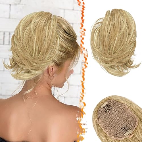 BARSDAR Light Ash Blonde Mixed Drawstring Straight Hair Bun Extensions - Straight Blonde Hair Bun Extensions for Women - Synthetic Ponytail Drawstring Messy Hair Bun Hairpieces Daily Party