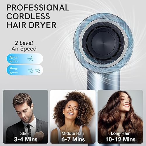 Miniatura 4 de Secador de pelo iónico inalámbrico con pantalla digital, secador de pelo de carga de 4 modos con boquilla magnética, secador de pelo de viaje para