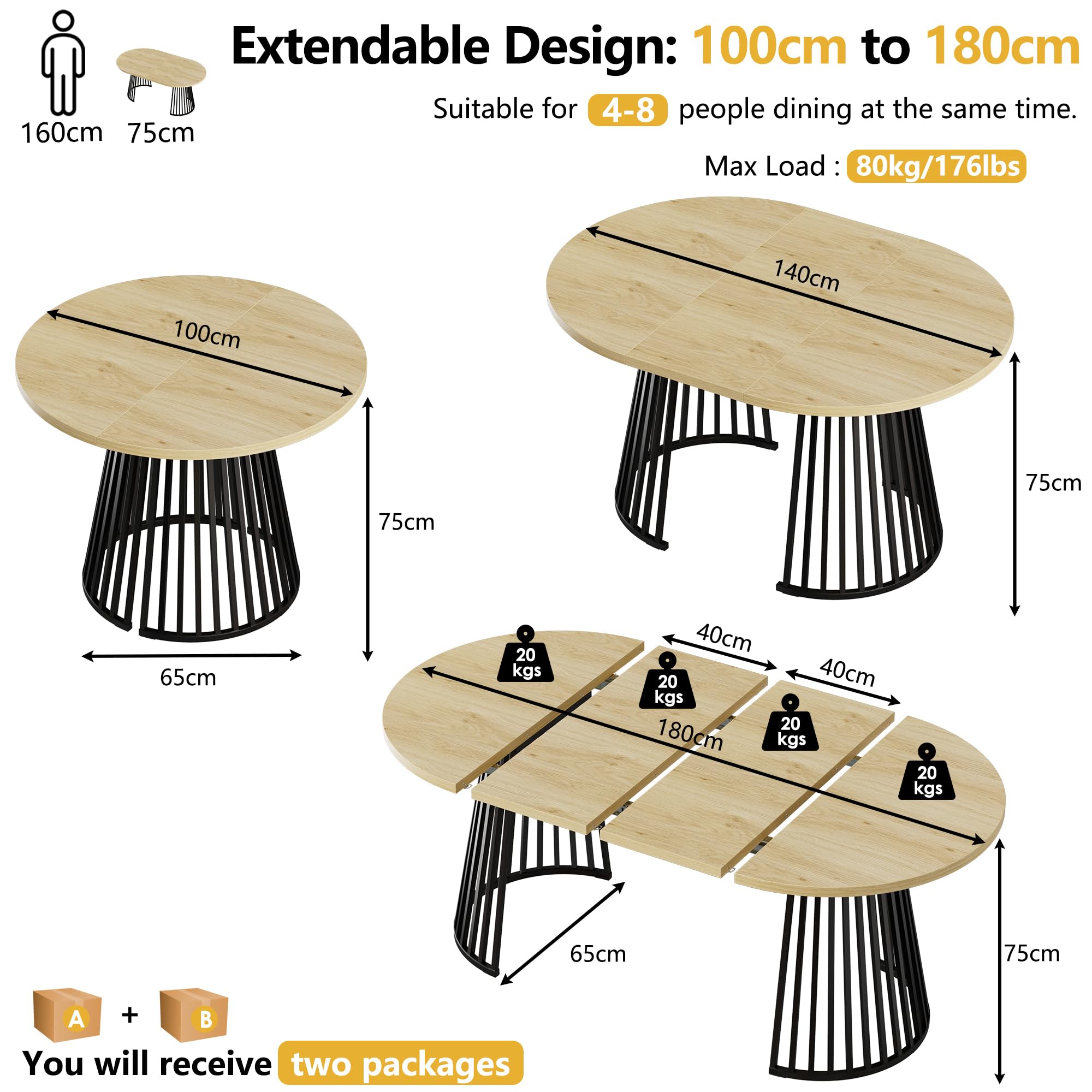 Tavolo da pranzo ovale espandibile per 4 8 persone Tavolo rotondo in legno con gambe in metallo per cucina o soggiorno Dimensioni 100 180x100x75CM Spedito in 2 confezioni