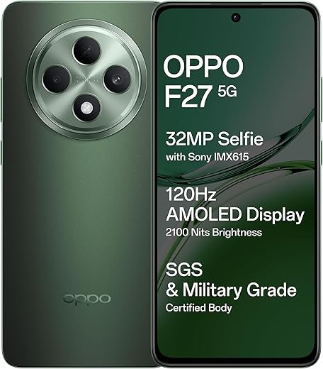 OPPO F27 5G (Emerald Green, 8GB RAM, 256GB Storage) | 6.67″ FHD+ AMOLED Display|32MP Sony IMX615 Selfie Camera |AI Portrait Expert| 45W SUPERVOOC|…