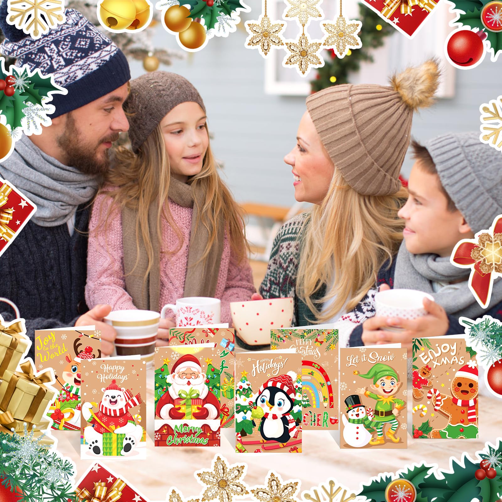 Whaline Confezione da 32 biglietti di auguri natalizi color nero bronzante con 32 buste bianche e 32 adesivi, biglietti di auguri di Natale con renna, albero di Natale, fiocchi di neve, per