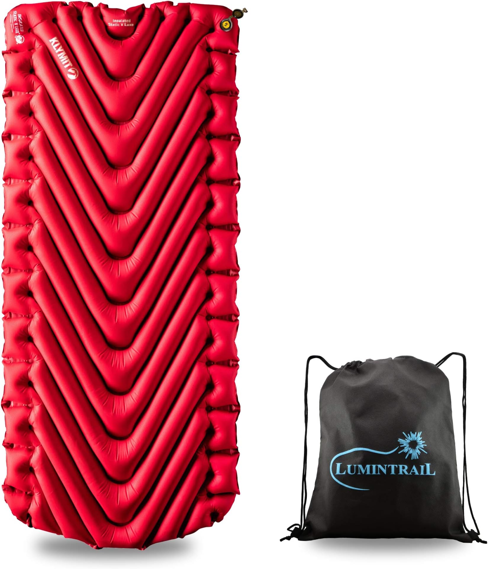 KlymitInsulated Static V Luxe Sleeping Pad, Extra Wide (30 Inches) for Camping and Backpacking Bundle with a Lumintrail Drawstring Bag