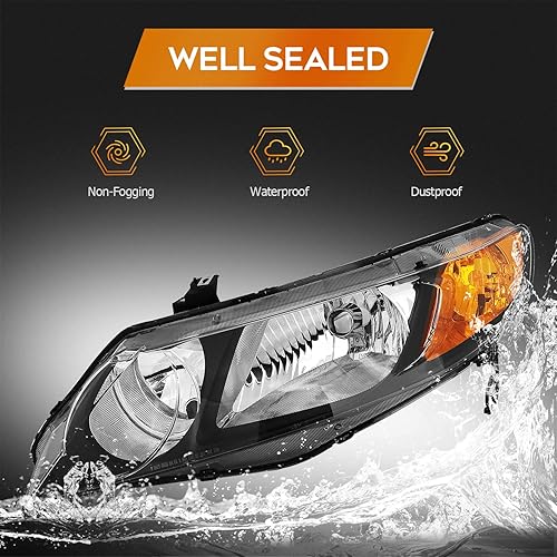 Miniatura 4 de Conjunto de faros delanteros para Honda Civic Sedan 4 puertas 2006-2011 carcasa negra reflector ámbar lente transparente conductor y pasajero lado