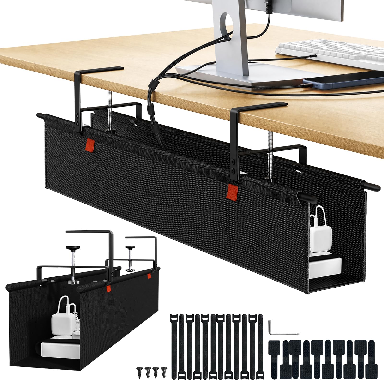 shinfly Under Desk Cable Management No Drill, 35.4 Inch Cable Tray, Black