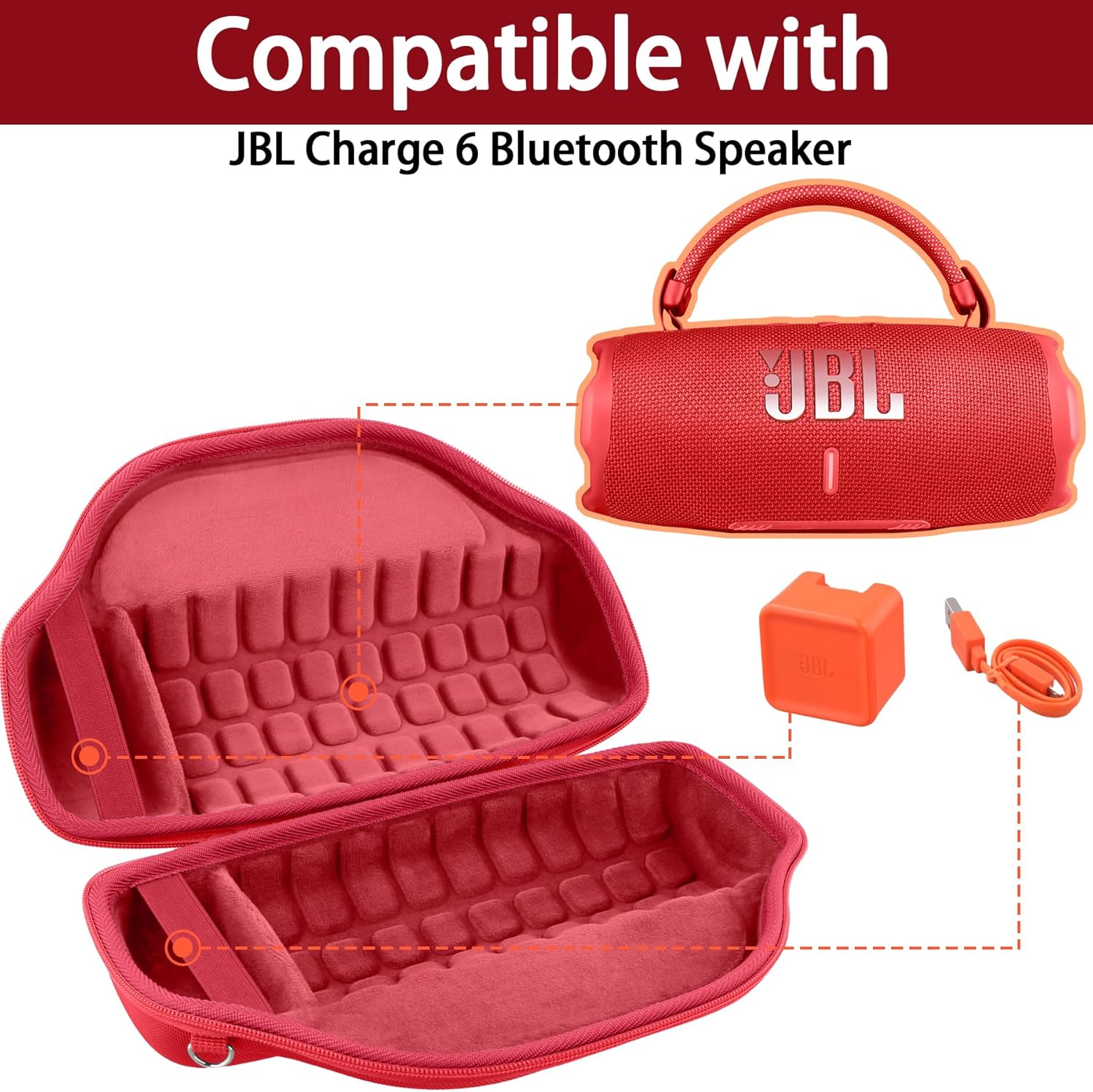 co2CREA Case for JBL Charge 6 Waterproof Portable Bluetooth Speaker, Hard Travel Bag with Detachable Shoulder Strap (Red Case) - Image 4