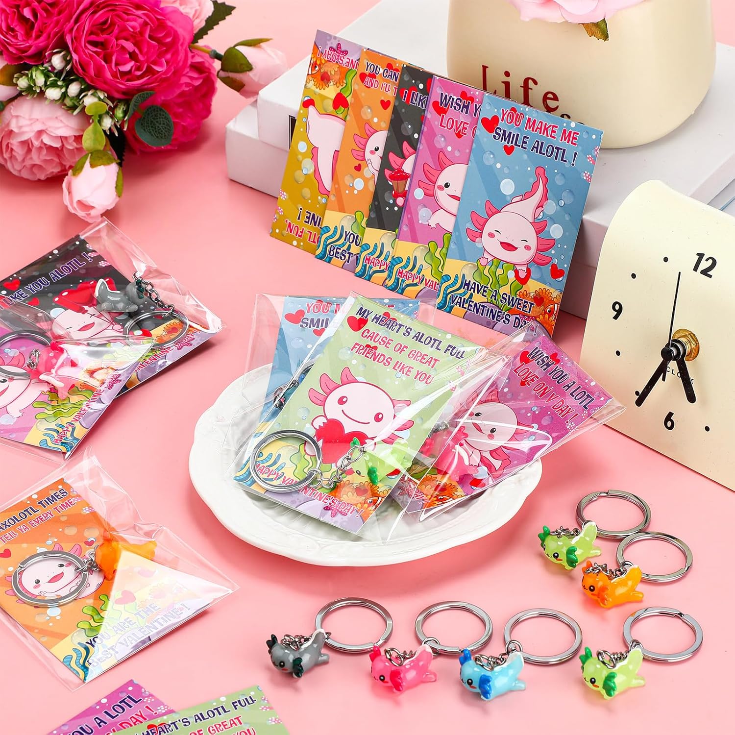 HyDren 28 Packs Valentine Kawaii Axolotl Greeting Cards with Keychains Gift for Kids Birthday Party Classroom Prizes Exchange (Opaque,Bright Color)