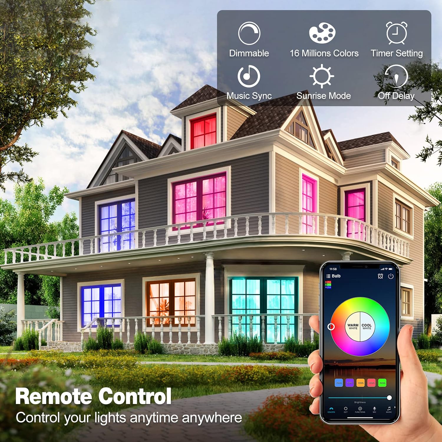 HaoDeng Smart Light Bulbs with Remote, WiFi Bluetooth Dimmable Color Changing Light Bulb, E26 A19/9W App Control LED Light Bulb, Work with Alexa Google Home and Siri, Smart Home Lighting, 4 Pack