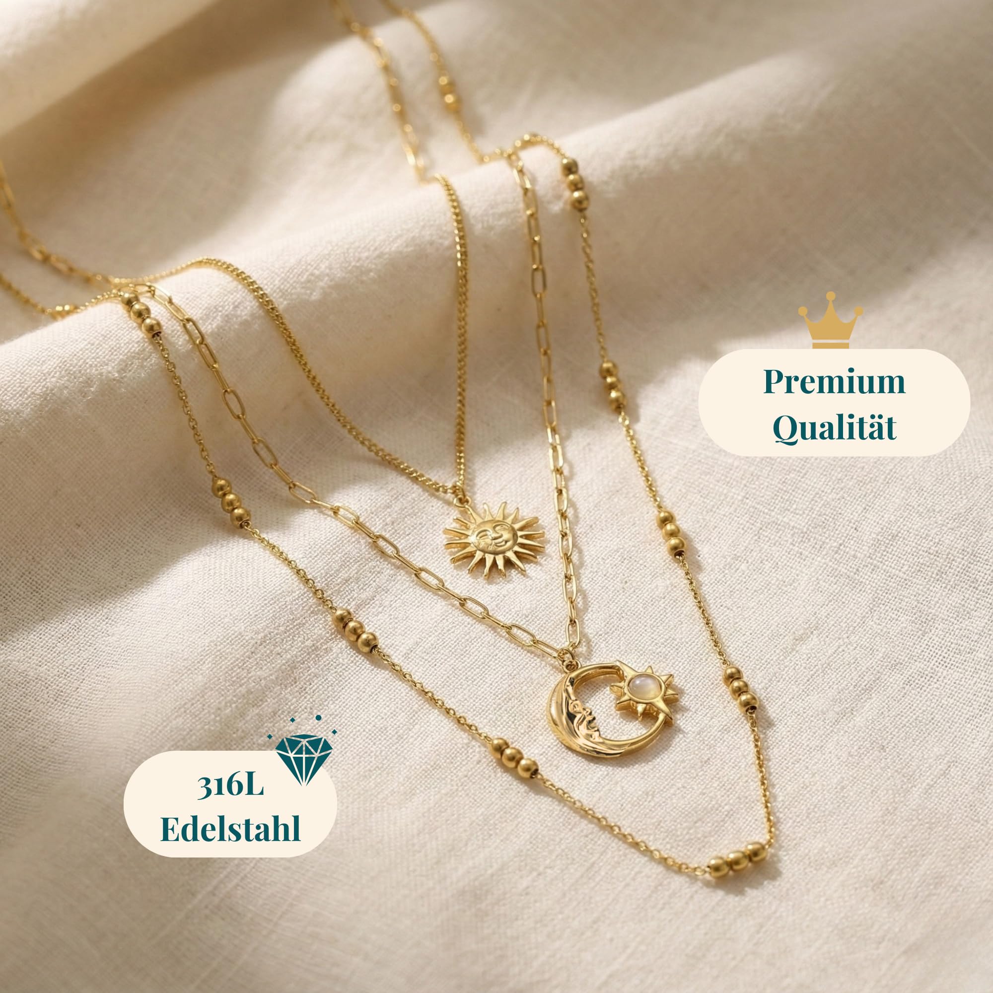 Halskette Damen Triple Gold & Silber aus Edelstahl – 3-Reihig Wasserfest & Verstellbar (Ein Verschluss) – Schmuck Geschenk für Frauen & Freundin – Freigeist-Kollektion