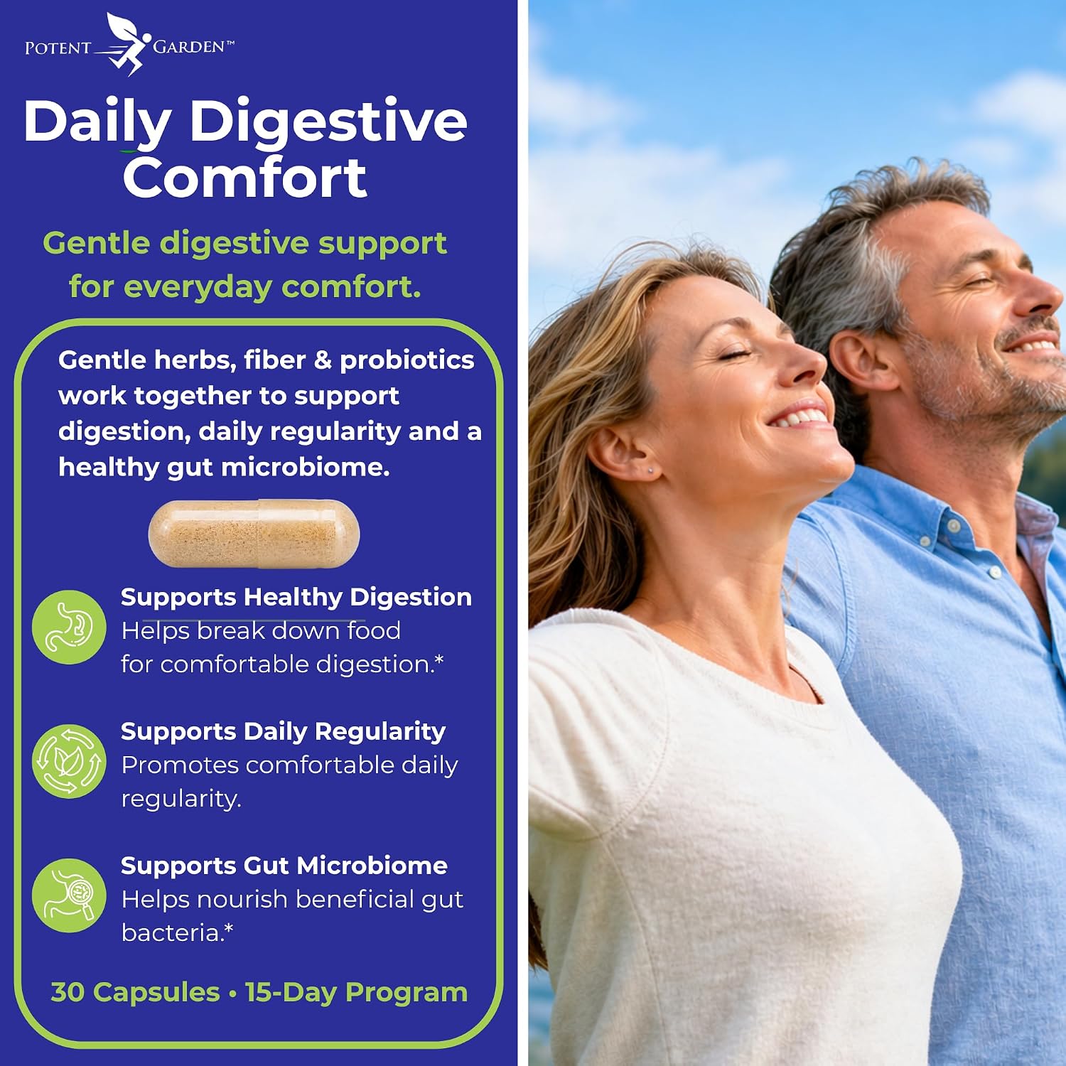 Potent Garden Digestive Cleanse Capsules with Fiber, Herbs & Probiotics – Gut Health Support & Regularity Formula, Gentle Daily Digestive Support, 30 Capsules