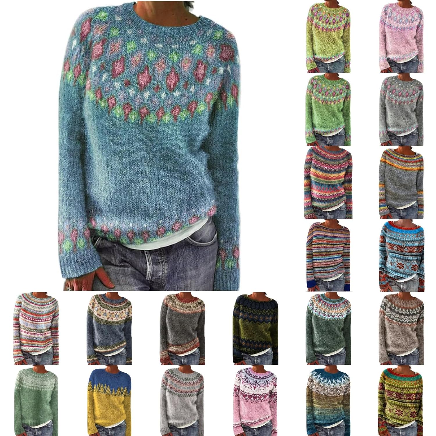 Fall Sweaters for Women Casual Knitted Long Sleeve Fair Isle Print Retro Sweater Cozy Vintage Plus Size Crewneck