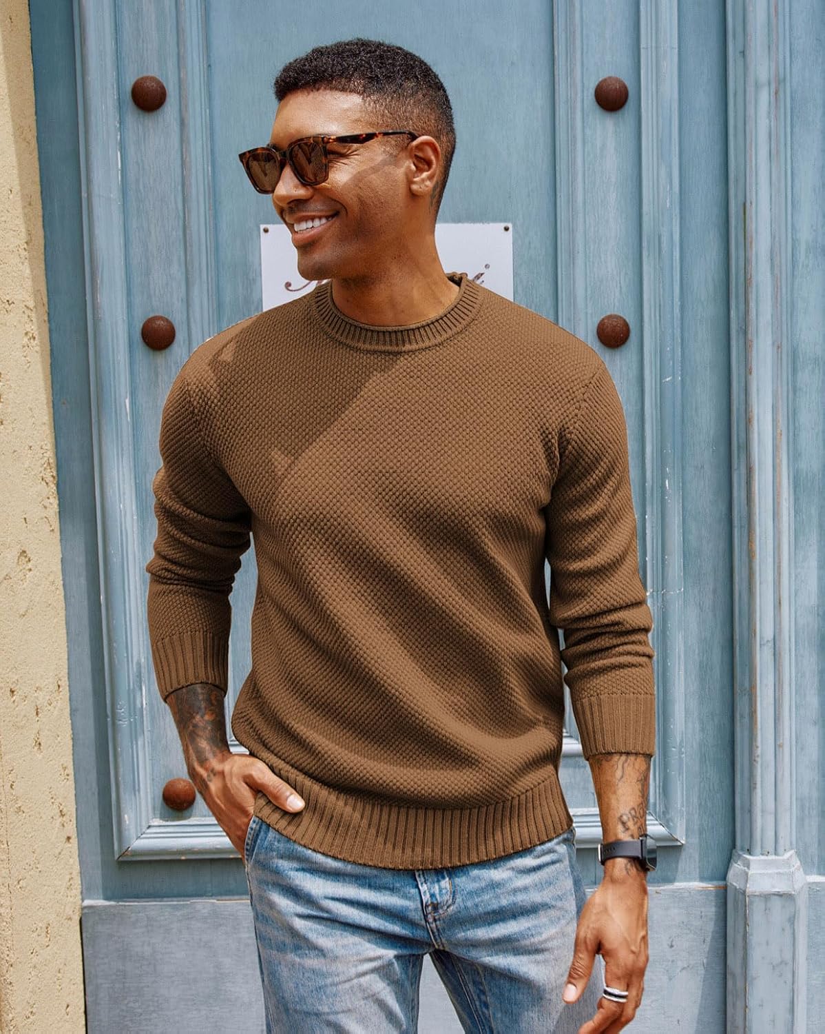 PJ PAUL JONES Mens Sweater Waffle Knit Crewneck Sweater Textured Long Sleeve Pullover - Image 4