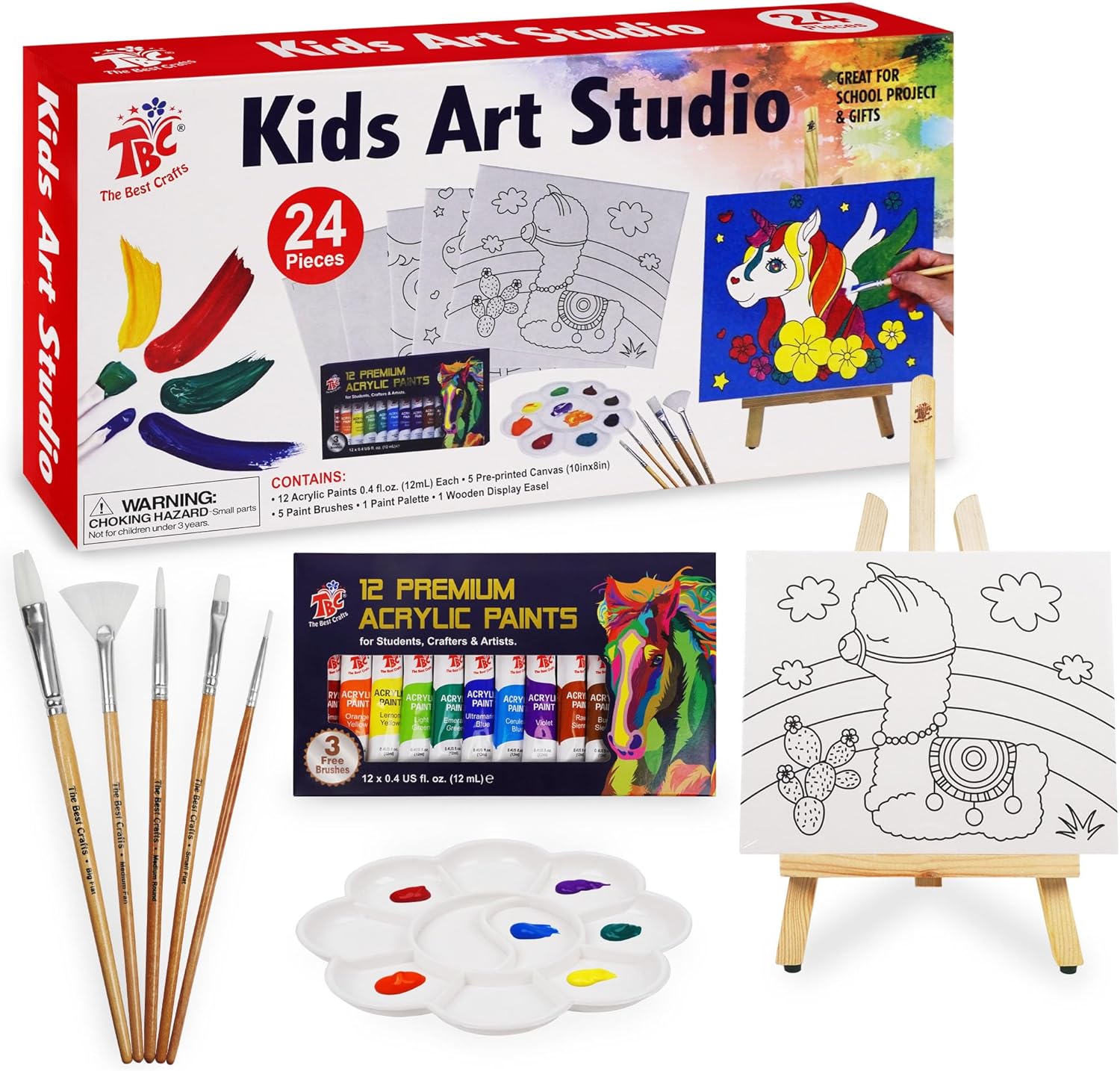 TBC The Best Crafts Paint Set for Kids, 24 Pcs Art Supplies Kit, 12 Premium Acrylic Paints, 5 Pre-Printed Canvas, 5 Brushes, 1 Palette and Wooden Display Easel, Great Early Educational Painting Kit