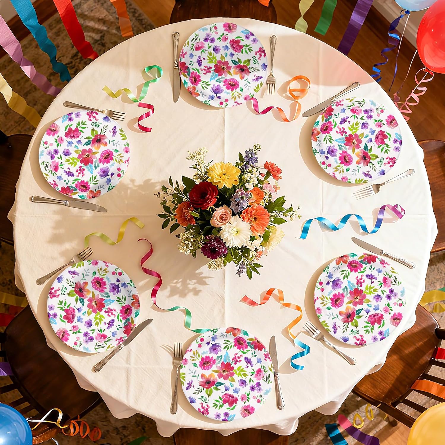 50 Pcs Floral Spring Paper Plates 10" Large Watercolor Flower Dessert Plates Disposable Spring Summer Colorful Floral Party Supplies for Bridal Baby Shower Wedding Party Decorations