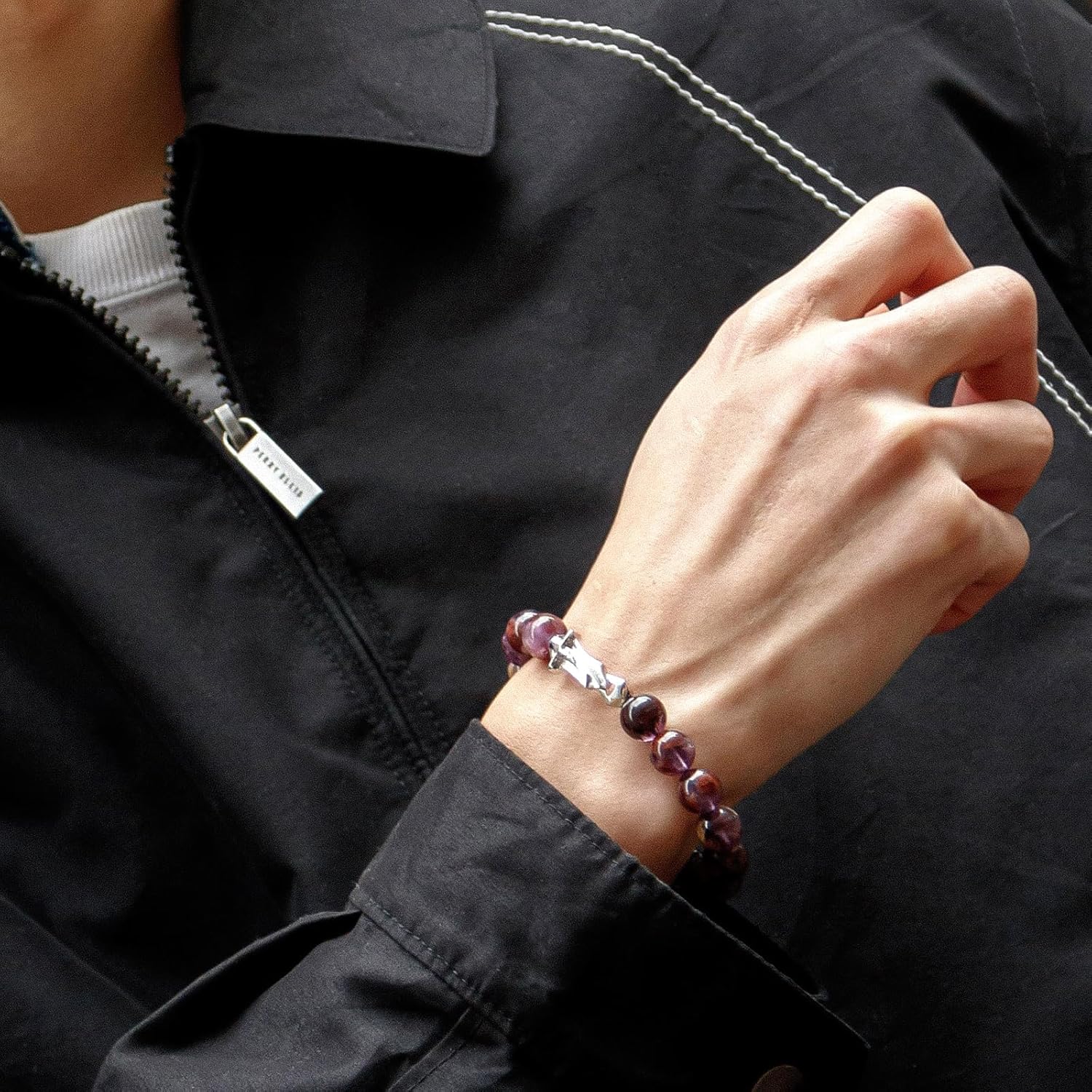 AWNL Men's Beaded Bracelet Premium Sterling Silver Central Charm with Natural Gemstones Hawk Eye Amethyst Phantom Quartz (10mm) Elastic Cord Bracelet for Men, 5.5"-7.5"