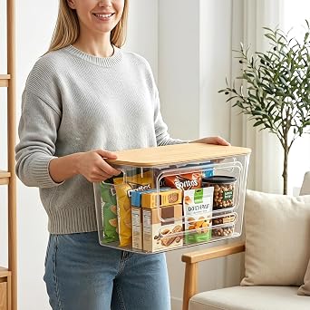 Trash Bag Dispenser, Bin Bag Storage with Bamboo Lid, Extra Large Garbage Bag Organizer, Acrylic Bin Bag Dispenser Box, Stackable Pantry Organizers and Storage for Kitchen, Cabinet, Laundry Room