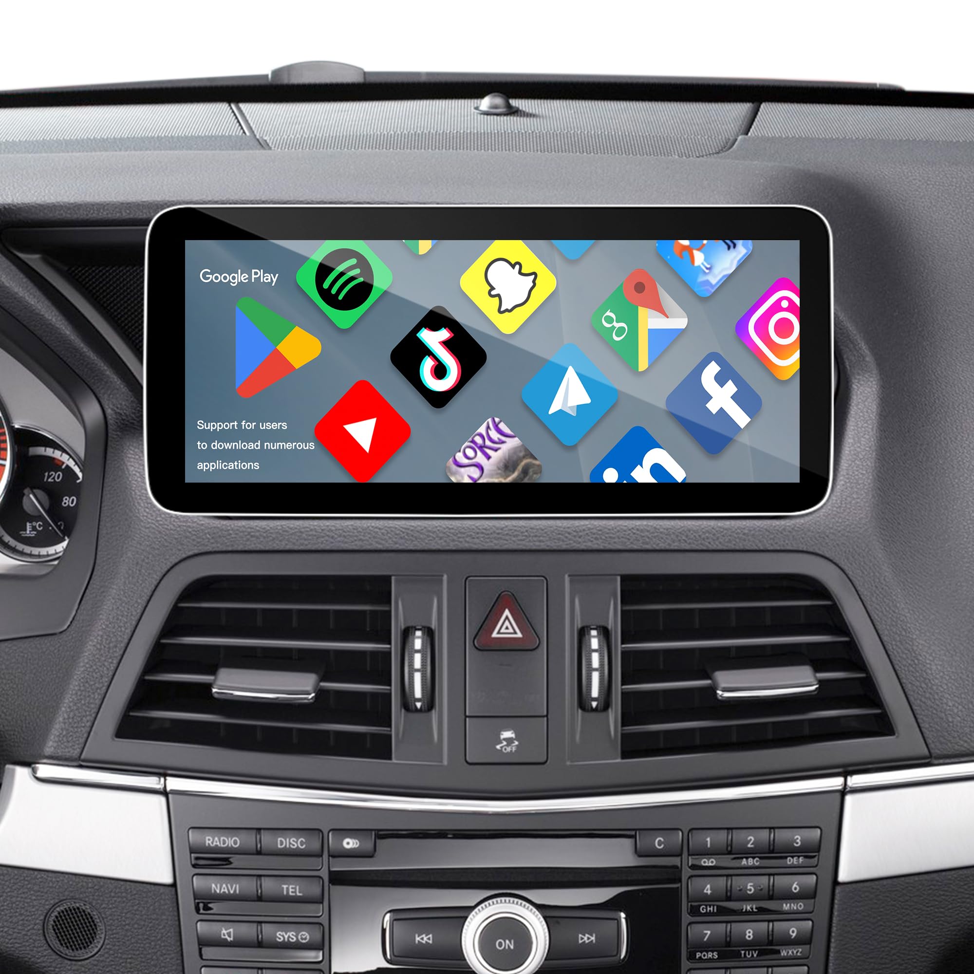 Najlepszy ekran Android 12.3 do Mercedesa klasy E NTG 4.0 C207 A207 W207 CarPlay Android Auto Full (podzielony) ekran Mirroring App Netflix YouTube Spotify Wi-Fi Navigation Waze Vehicle Cameras (128