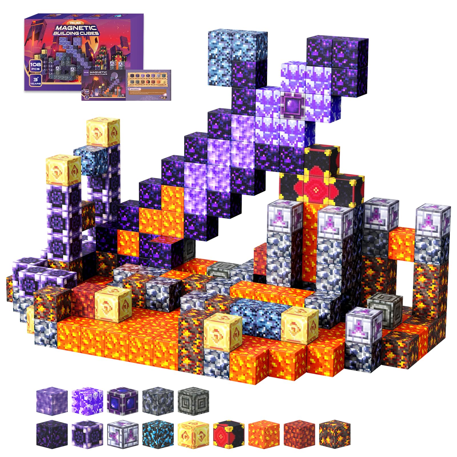 Magnetic Blocks Building Toys - 108PCS Magnet Building Blocks Set Construction Cubes STEM Sensory Stacking Kids Toys for Age 3-5, 4-8, 8-12