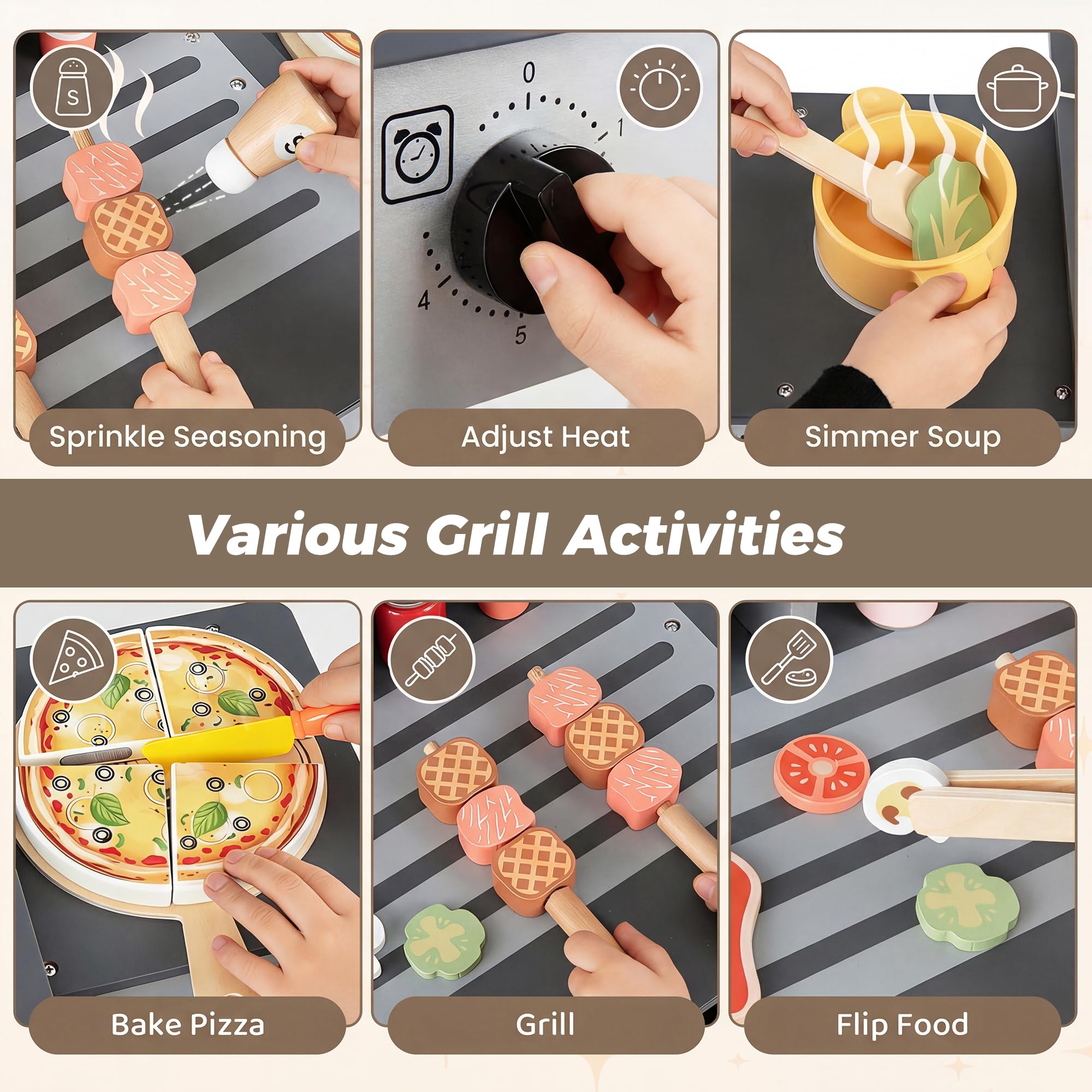 HOMASIS Cusine Enfants, Jouet BBQ Grill Barbecue en Bois avec 2 Grilles et Couvercles à Loquet, Fenêtres Transparentes, Boutons Rotatifs, Accessoires&Rangement, Jouet d’Imitation pour Enfants 3 Ans+