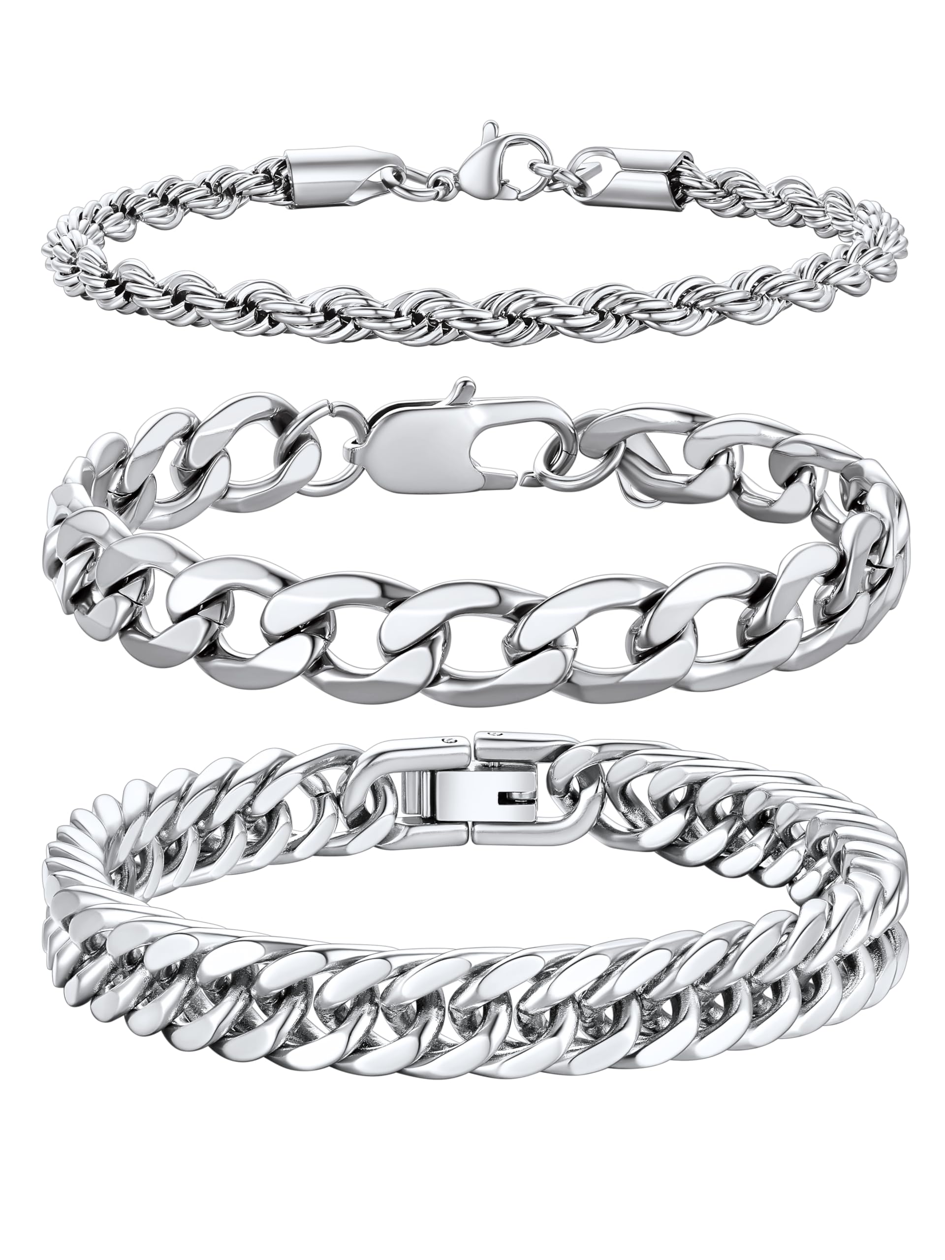 Richsteel Set di 2/3 Braccialetti in Acciaio Inox 316L di Alta Qualità Bracciale Uomo Argento Nero Oro Lunghezze 19cm 21cm 23cm Catena Cubana