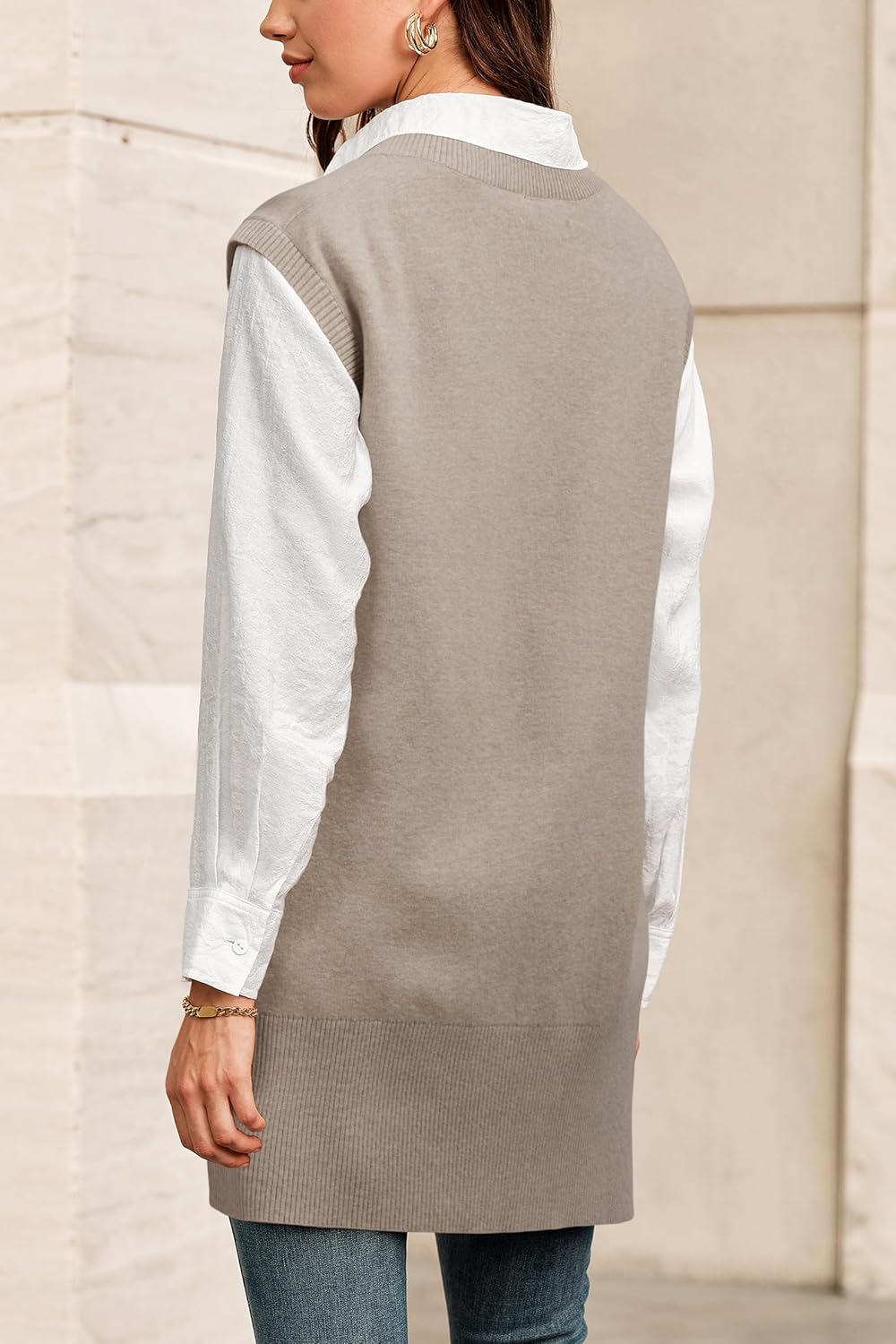 Arach&Cloz Women's Wool Blend Side Slit High Low Versatile V Neck Fall Sweater Vests 2025 - Image 4