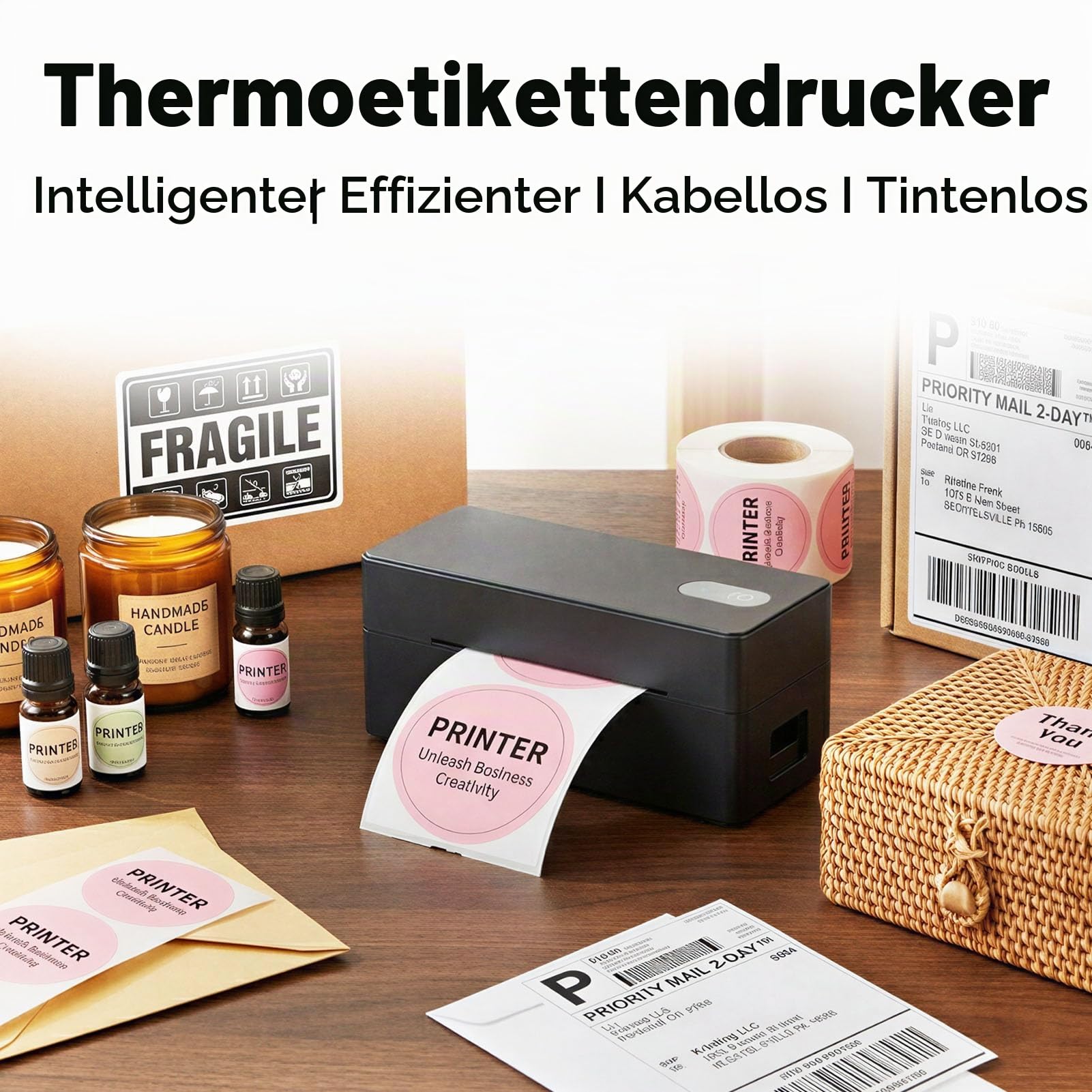 DHL Etikettendrucker Bluetooth, Labeldrucker 4x6 Versandetiketten Drucker | Thermodrucker Label Printer für Shopify, Etsy, UPS, Kompatibel mit iOS, Android, Windows, Mac, Unterstützt USB und Bluetooth