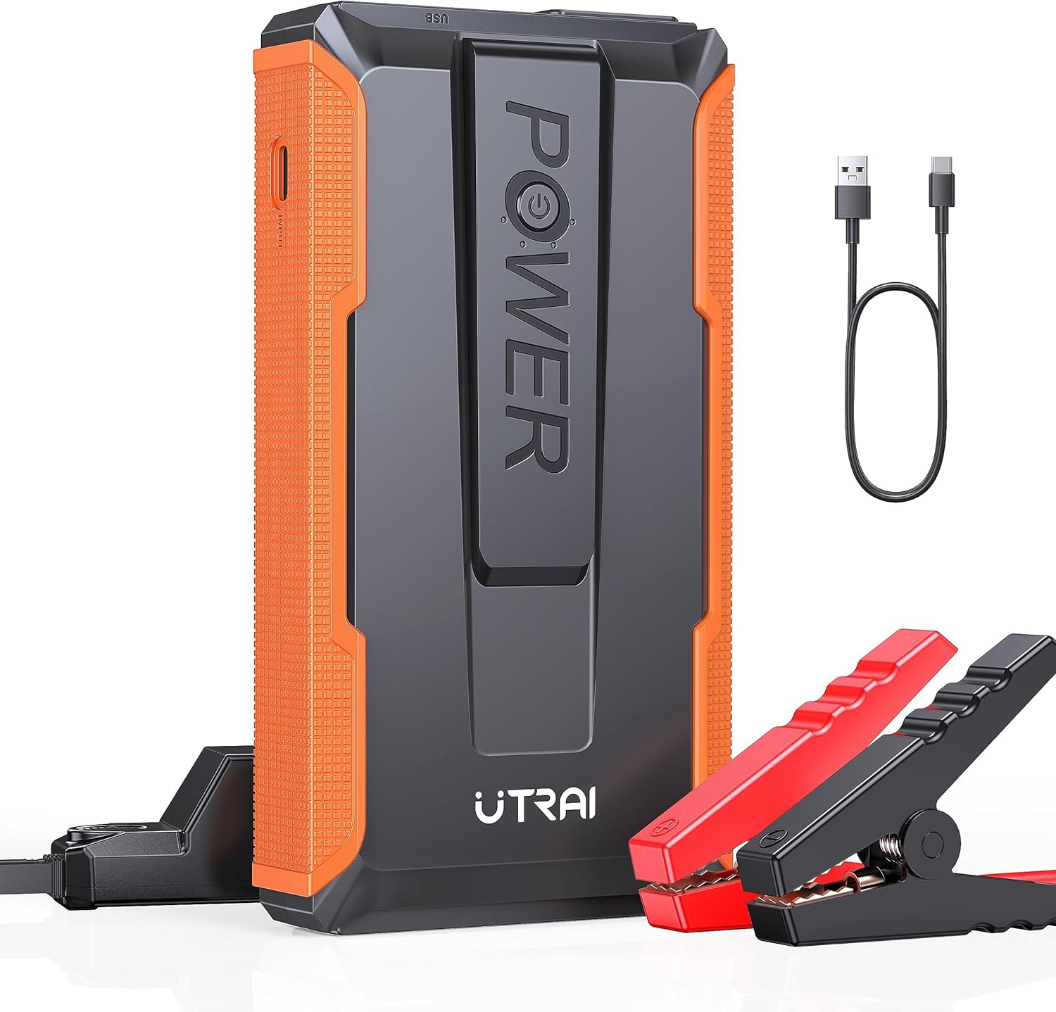 UTRAI T1 Portable Jump Starter main unit with smart jumper clips and USB-C cable.