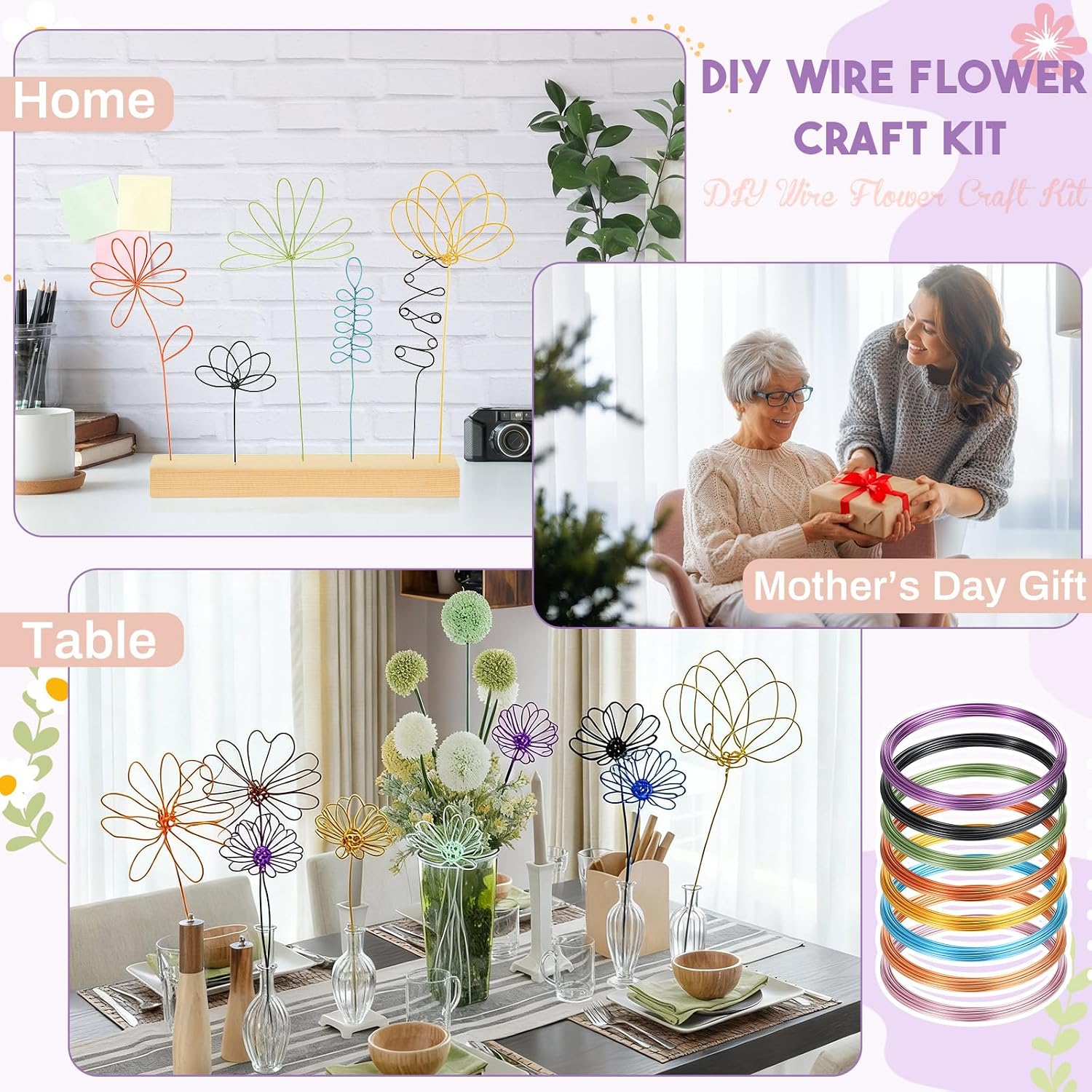 Suncalla Wire Flower Craft Kit for Adults Women & Teens, 131ft Colored Aluminum Wire with Tools & Display Base, Beginner Friendly DIY Art, Stress Relief Gift, Birthday Gift for Mom, Craft Night Kit