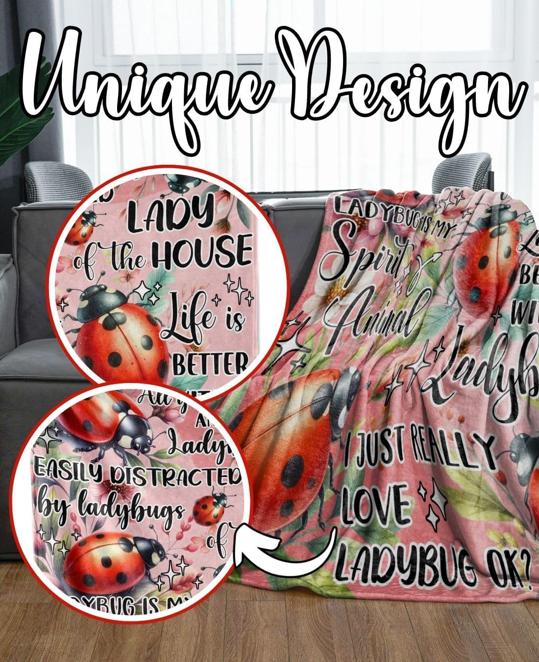 Ladybug Gifts for Women Girls, Blanket for Ladybug Lovers, 50" x 65" Throw for Birthday, Christmas - Red - Image 3