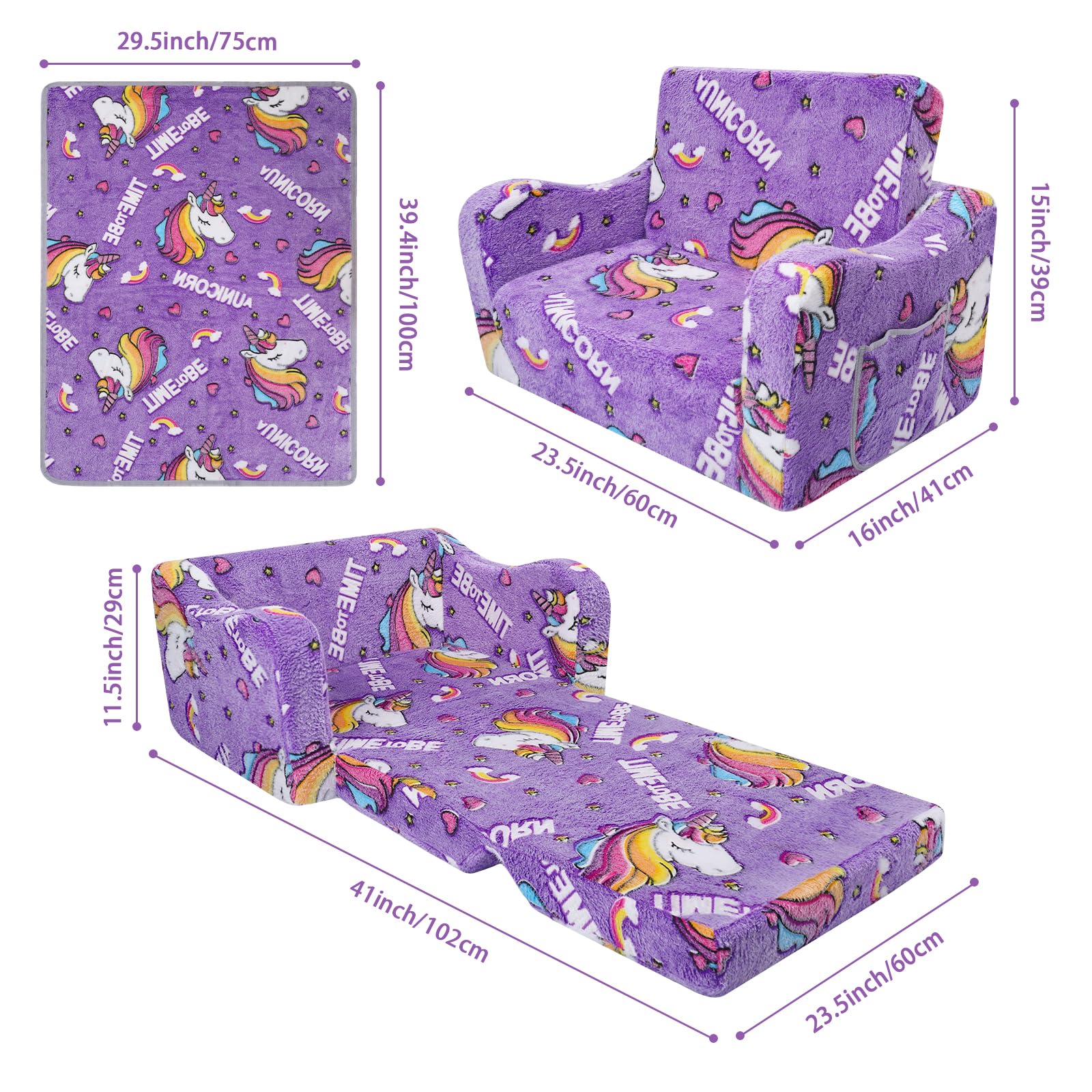 Pieghevole Divano Bambini 2-in-1, Poltroncina Trasformabile in Lettino,Sedia lumineux avec Couverture Camere da Letto, Soggiorno e Stanza per i Giochi,Unicorno