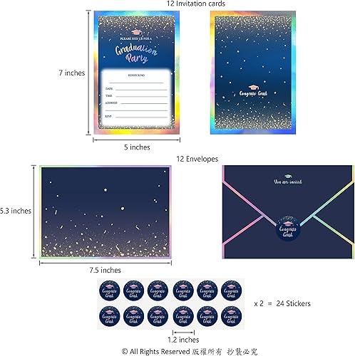 Miniatura 2 de Cheerland Juego de 12 invitaciones holográficas azules de graduación, sobres de invitación de graduación, calcomanías para tarjetas de graduación