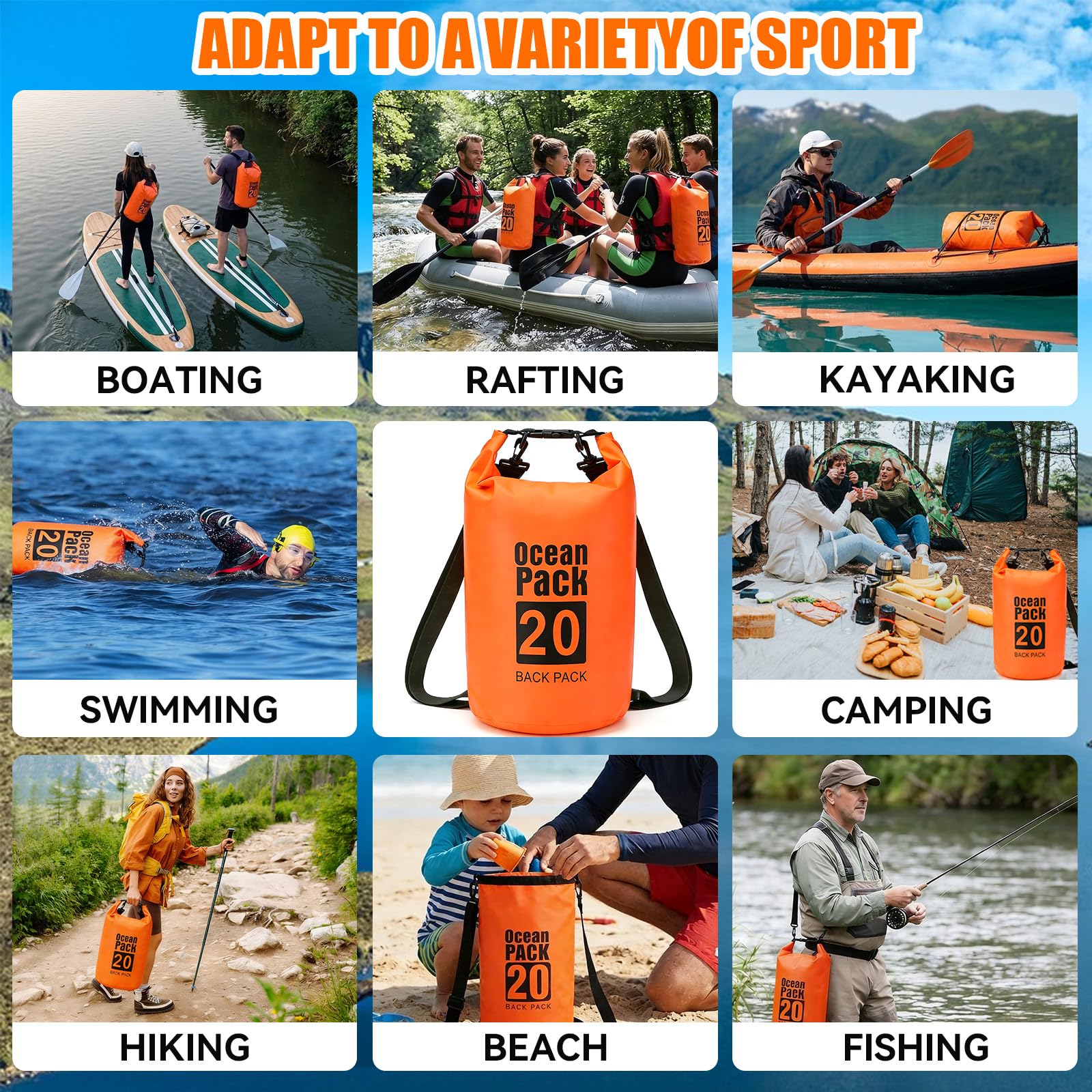 PQETBV Bolsa Estanca, 20L Bolsa Impermeable Mochila Estanca, Bolsa Seca con Correa de Hombro Ajustable para Barcos, Kayak, Pesca, Rafting, natación, Camping, Snowboard — view 6