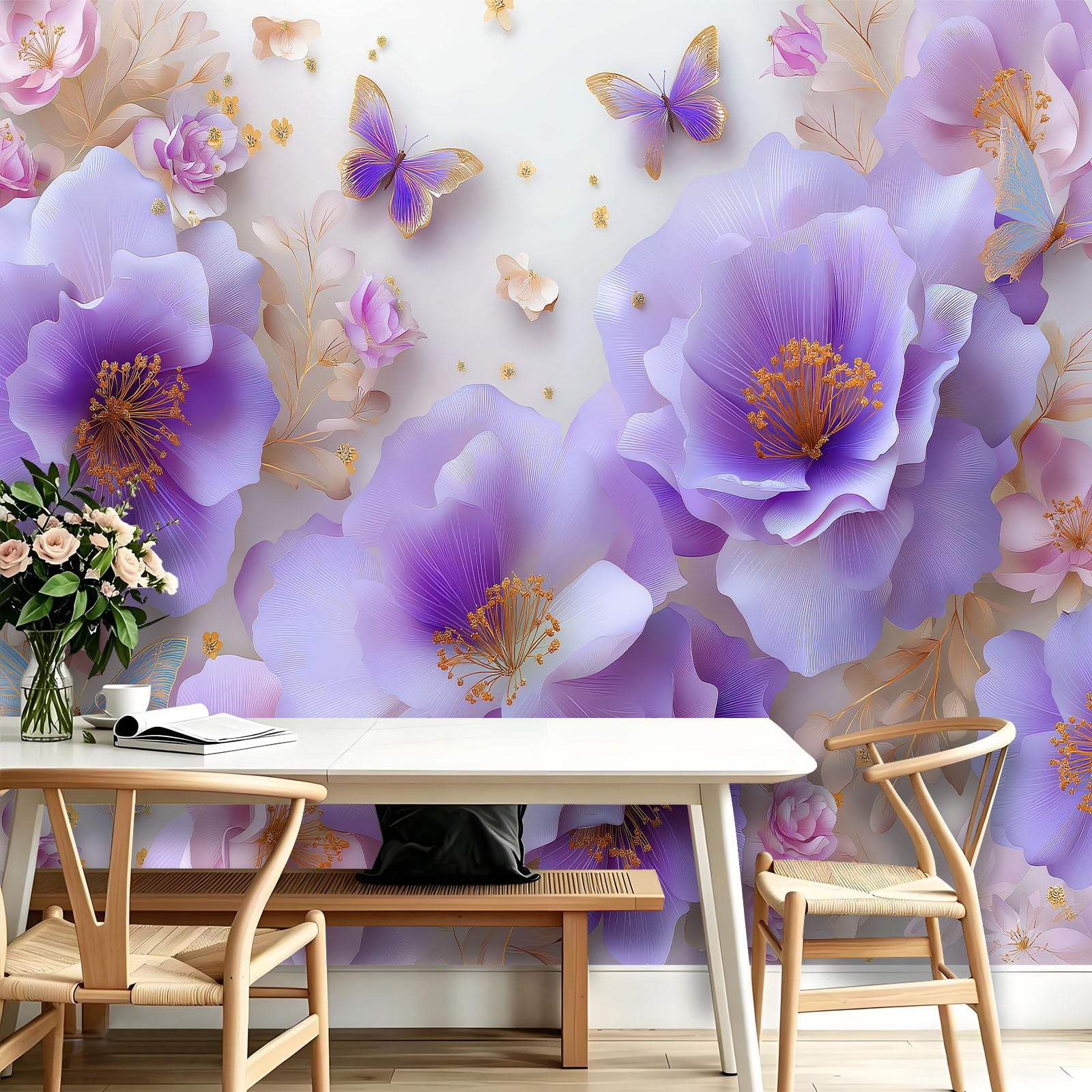 Générique Tapeta z włókniny 3D 300 x 210 cm, tapeta z motywem motyli, gałęzie liści panoramicznych, łatwa do zainstalowania dekoracja ścienna, do salonu, sypialni, kuchni