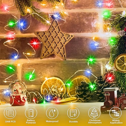 Miniatura 7 de Luces de hadas navideñas multicolor a pilas, paquete de 2, 16.4 pies, 50 LEDs, alambre de cobre plateado, luces parpadeantes para dormitorio,