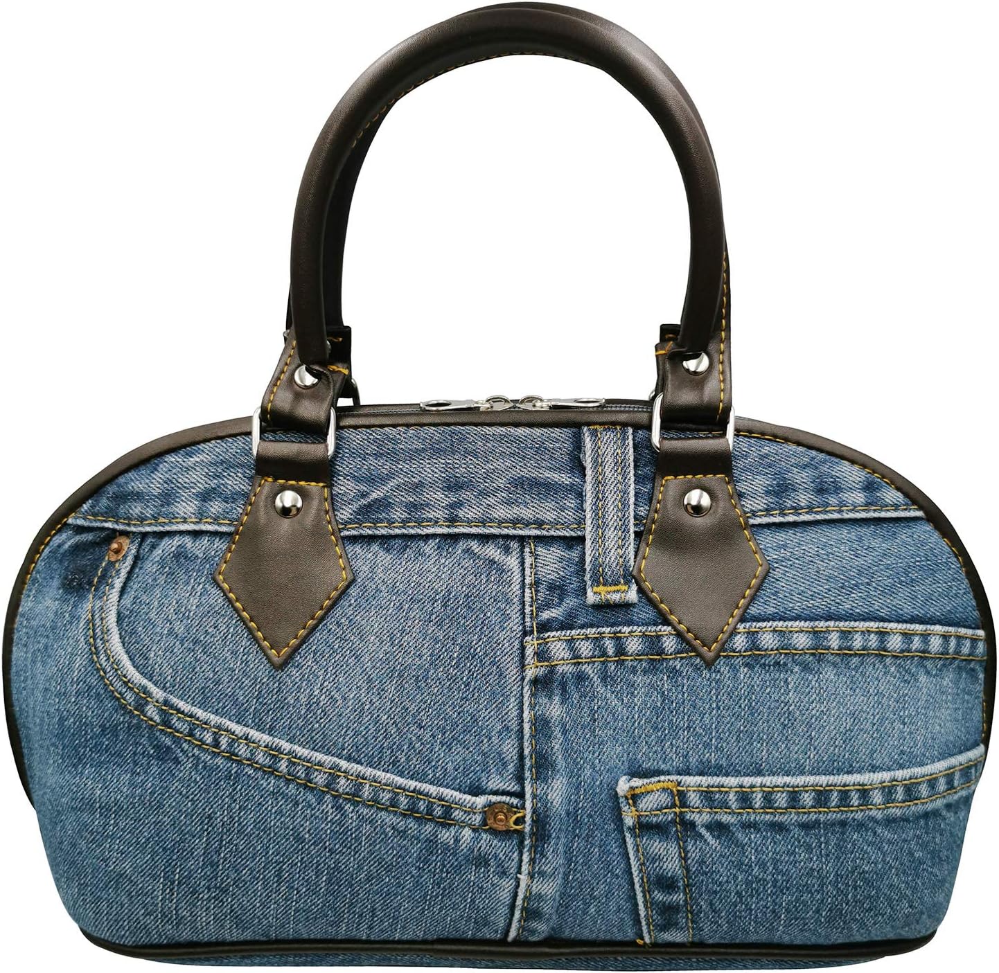 Blue Denim Leather Trim Curved Shape Top Handle Handbag Purse (Brown)