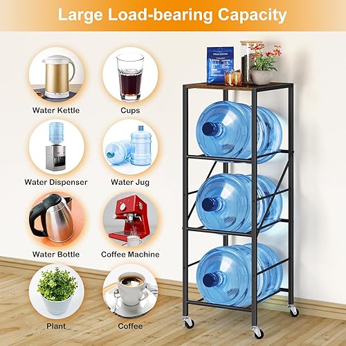 Miniatura 3 de Soporte para botella de agua de 3 niveles marrón rústico con ruedas, resistente soporte para jarra de 5 galones y organizador para cocina, sala de