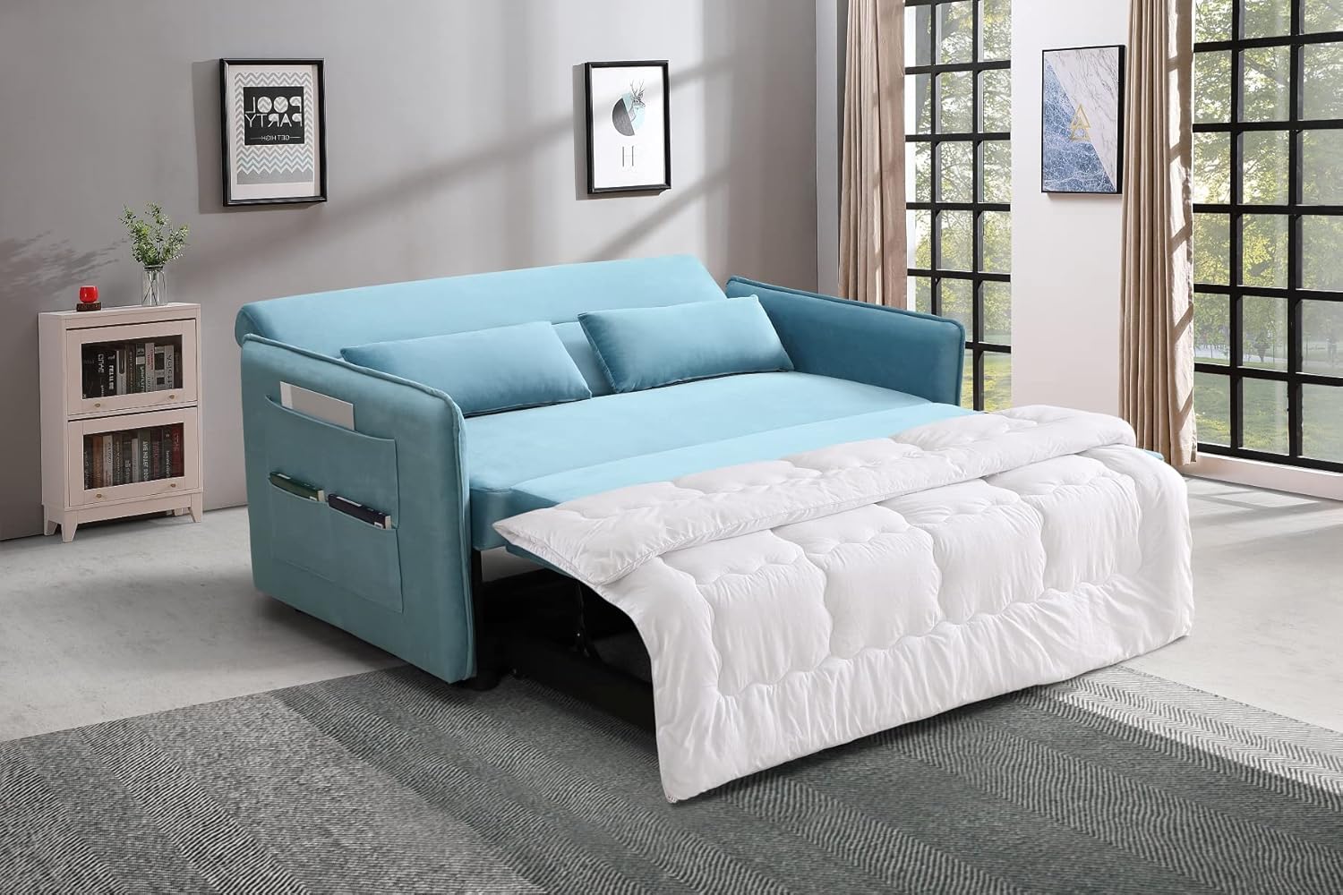 Merax Modern Convertible Sofa Bed with 2 Side Pockets,Fabric Loveseat Sofa with Pull Out Bed, 2 Pillows and Living Room Adjustable Backrest