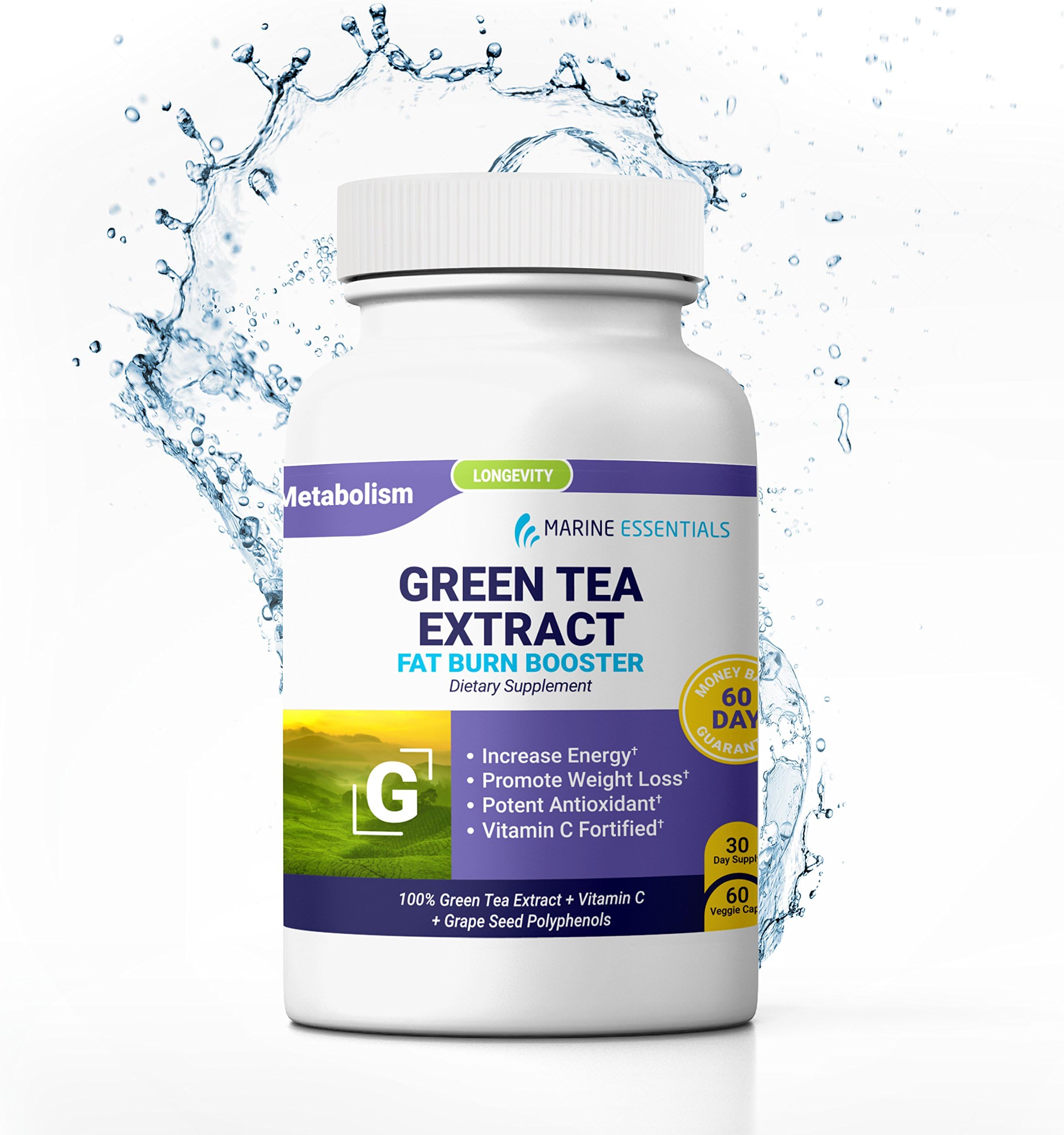 Marine Essentials Green Tea Extract - Green Tea Extract Natural Weight Loss Supplement with Vitamin C and Antioxidant Grape Seed Extract (60 Fat Burner Capsules)
