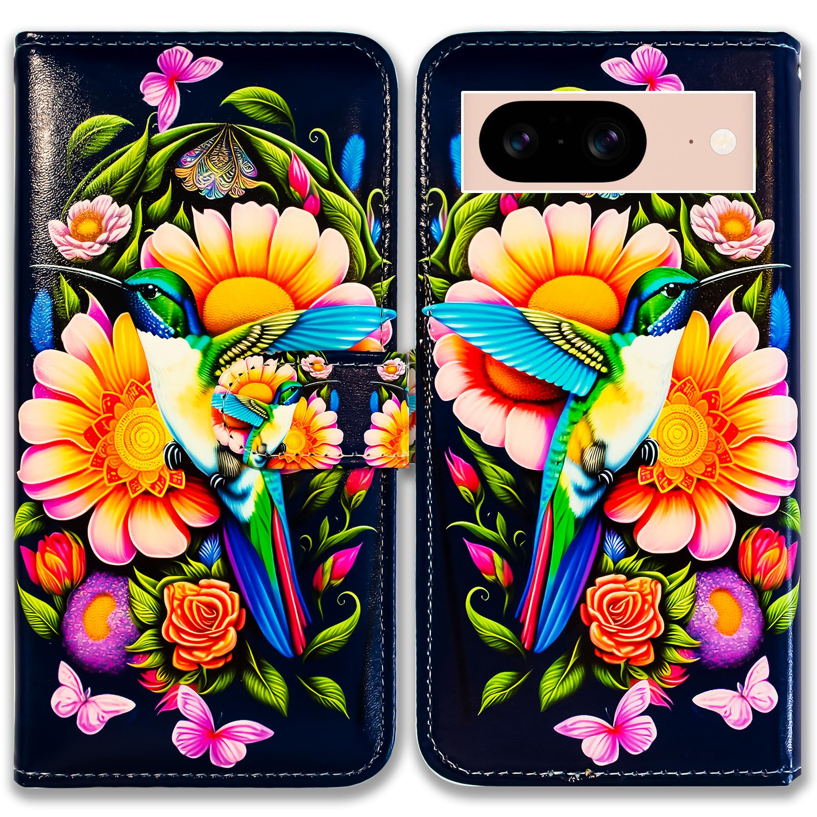 Bcov Case for Pixel 8,Hummingbird Butterfly Flowers Leather Flip Phone Case Wallet Cover with Card Slot Holder Kickstand for Google Pixel 8