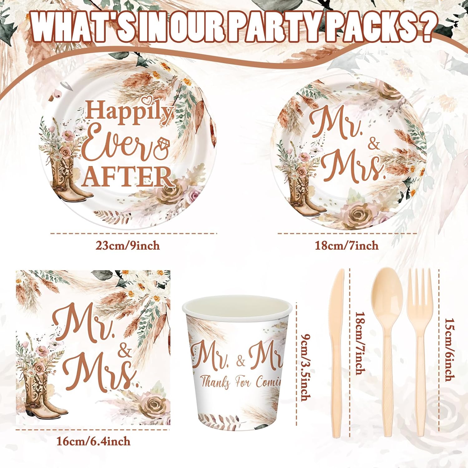 168 Pcs Boho Cowgirl Bridal Shower Party Supplies Happily Ever After Decorations Wedding Plates and Napkins Western Engagement Tableware Set Mr and Mrs Disposable Paper Plate Cups Serves 24