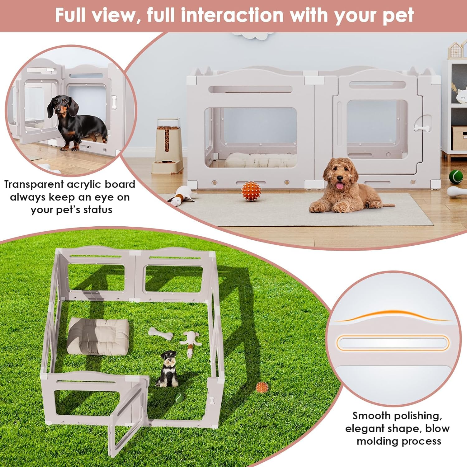 Acrylic Dog Playpen Indoor, Puppy Cat Small Pet Play Pen, 50.8" L x 50.8" W x 23.6" H Clear PlayPen for Cat Rabbit Ferret, Dog Fence Crate Whelping Cage (Apricot Gray, 8 Panel)